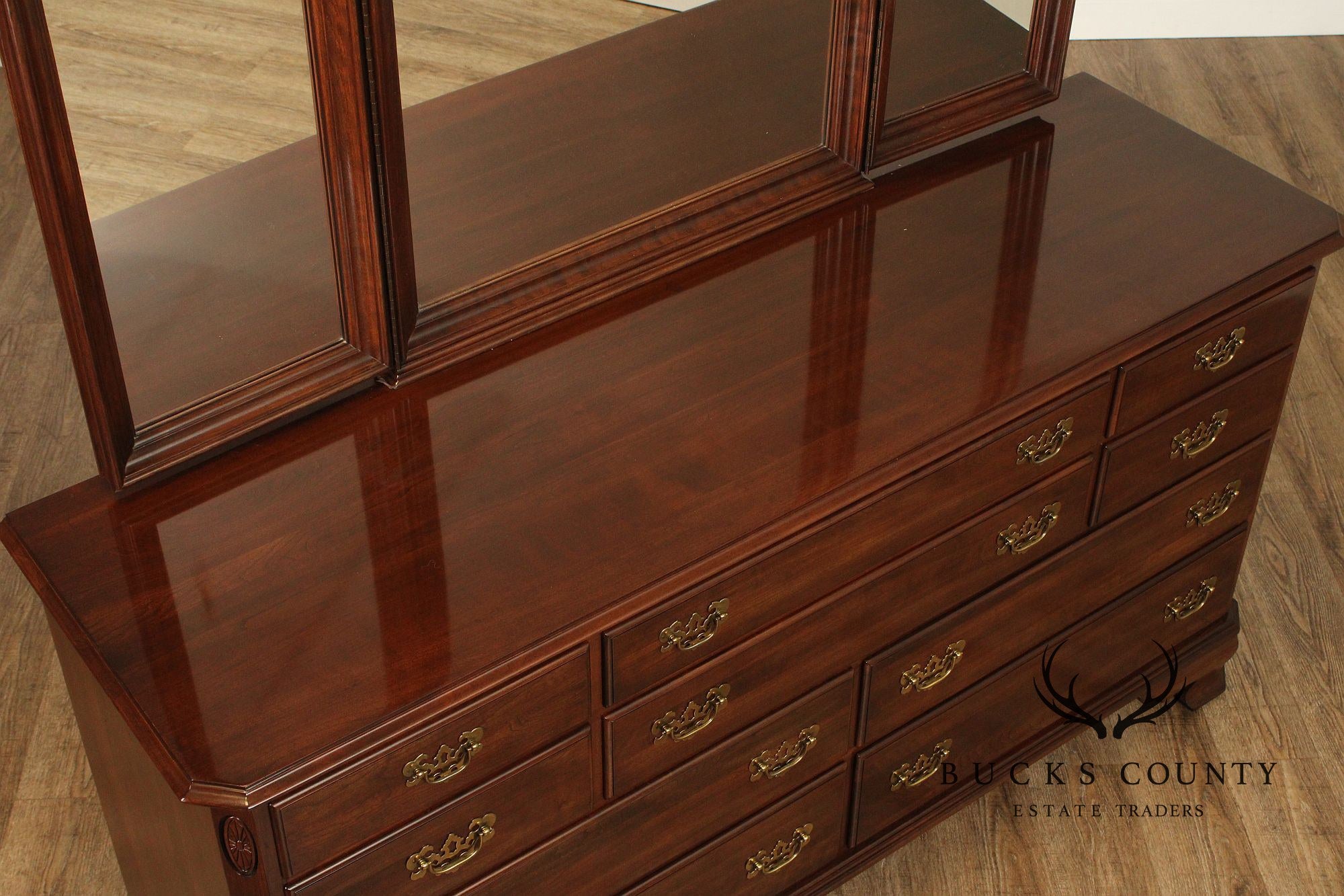 ETHAN ALLEN GEORGIAN COURT CHERRY DRESSER WITH TRI-FOLD MIRROR