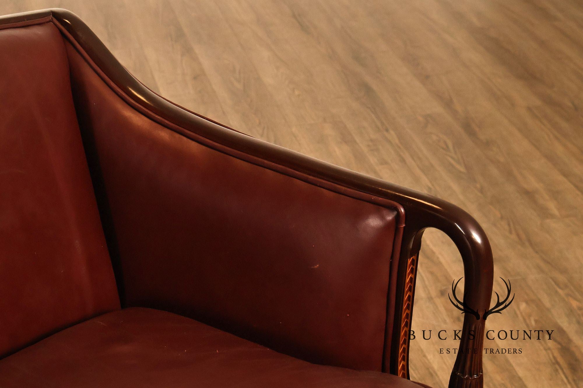 Hancock & Moore Sheraton Style Inlaid Mahogany Leather Settee