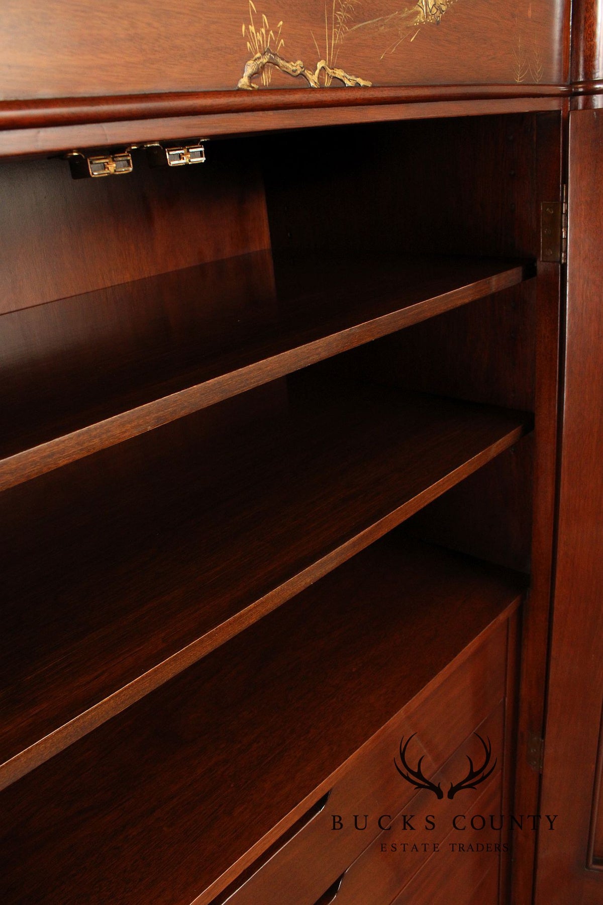 Chinoiserie Style Mahogany Gentleman's Armoire With Faux Bamboo Moldings and Painted Panels