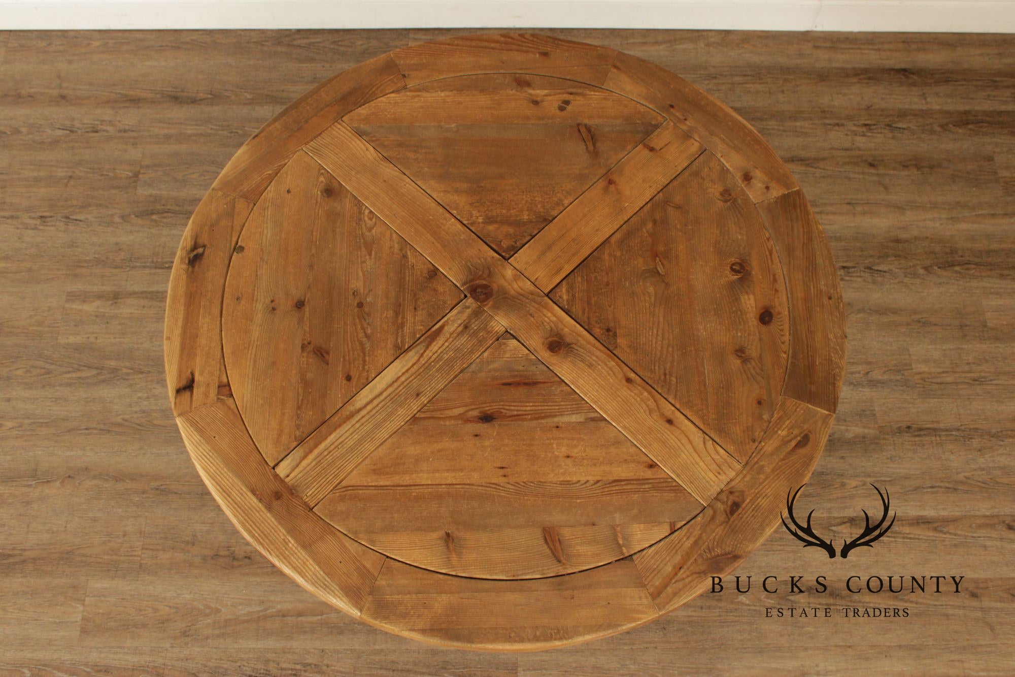 Rustic Industrial Round Pine Dining Or Center Table With X-Base