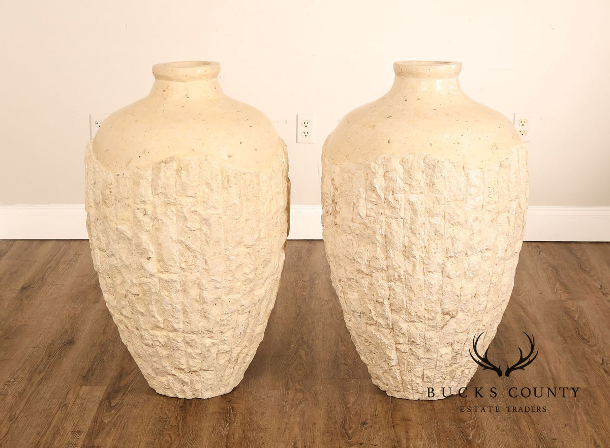 Pair Of Mactan Coral Limestone Tessellated Carved Stone Urns
