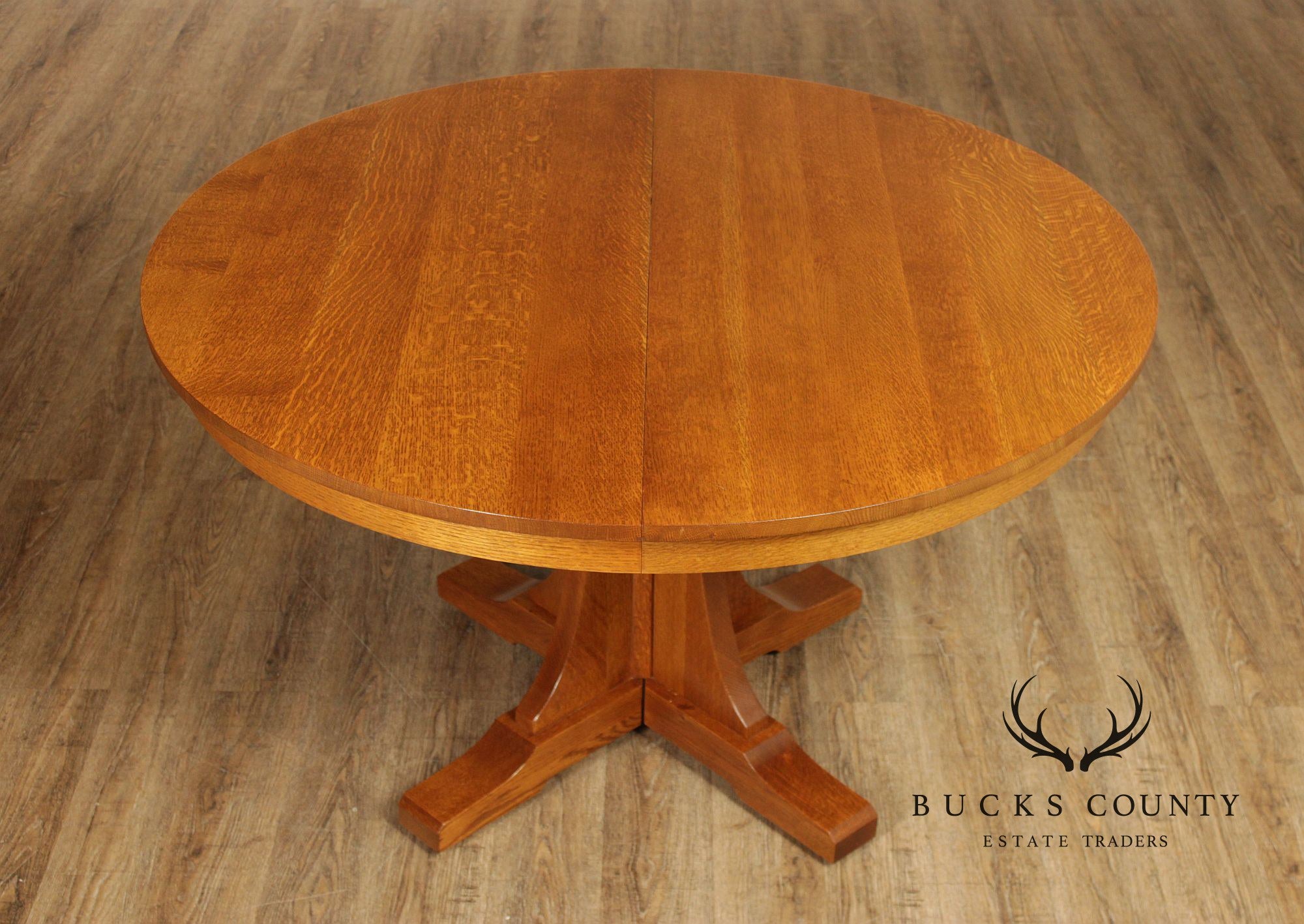 Stickley Mission Collection Round Oak Pedestal Expandable Dining Table