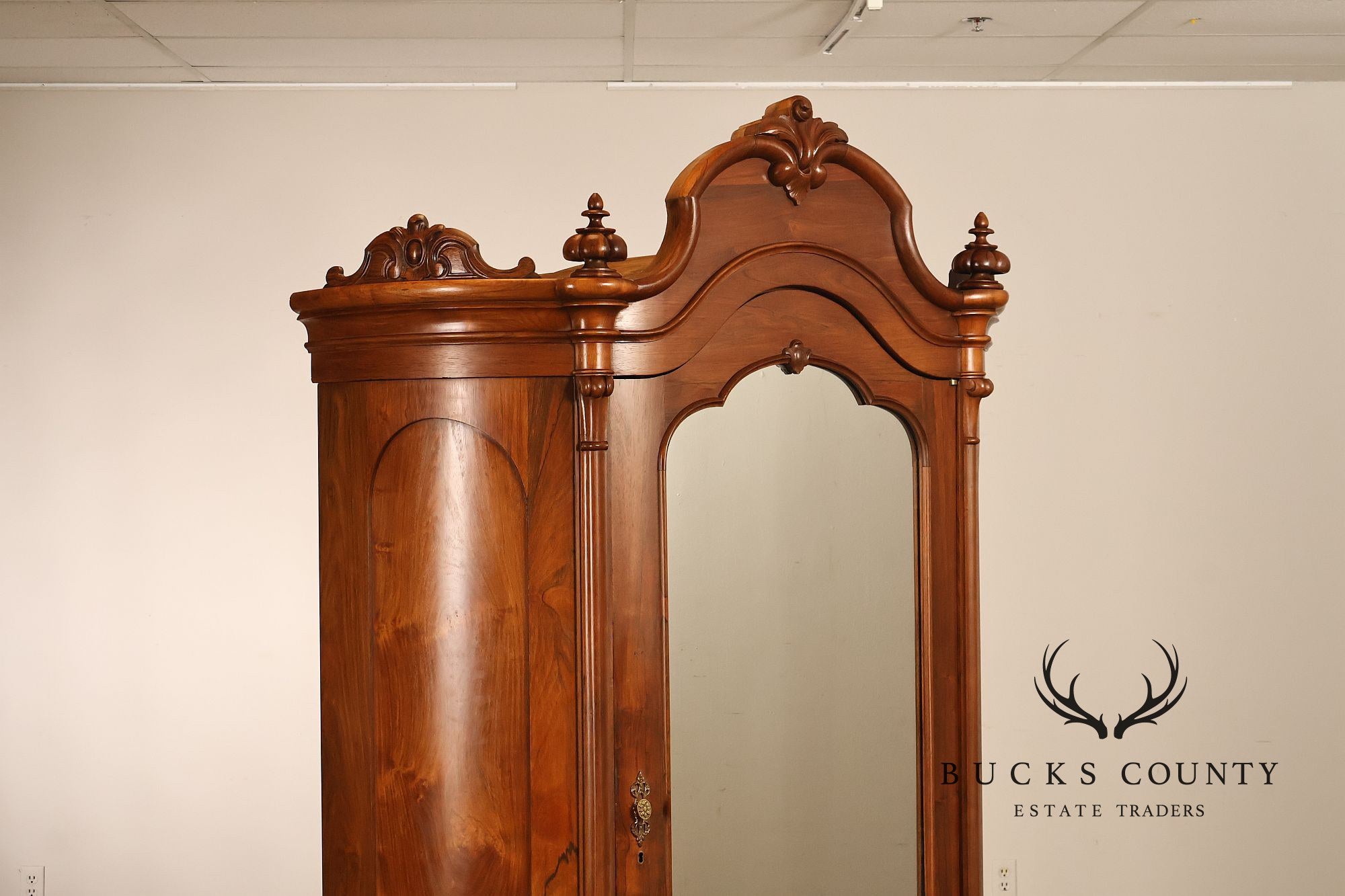 Antique Renaissance Revival Louis XV Style Carved Walnut Mirrored Armoire
