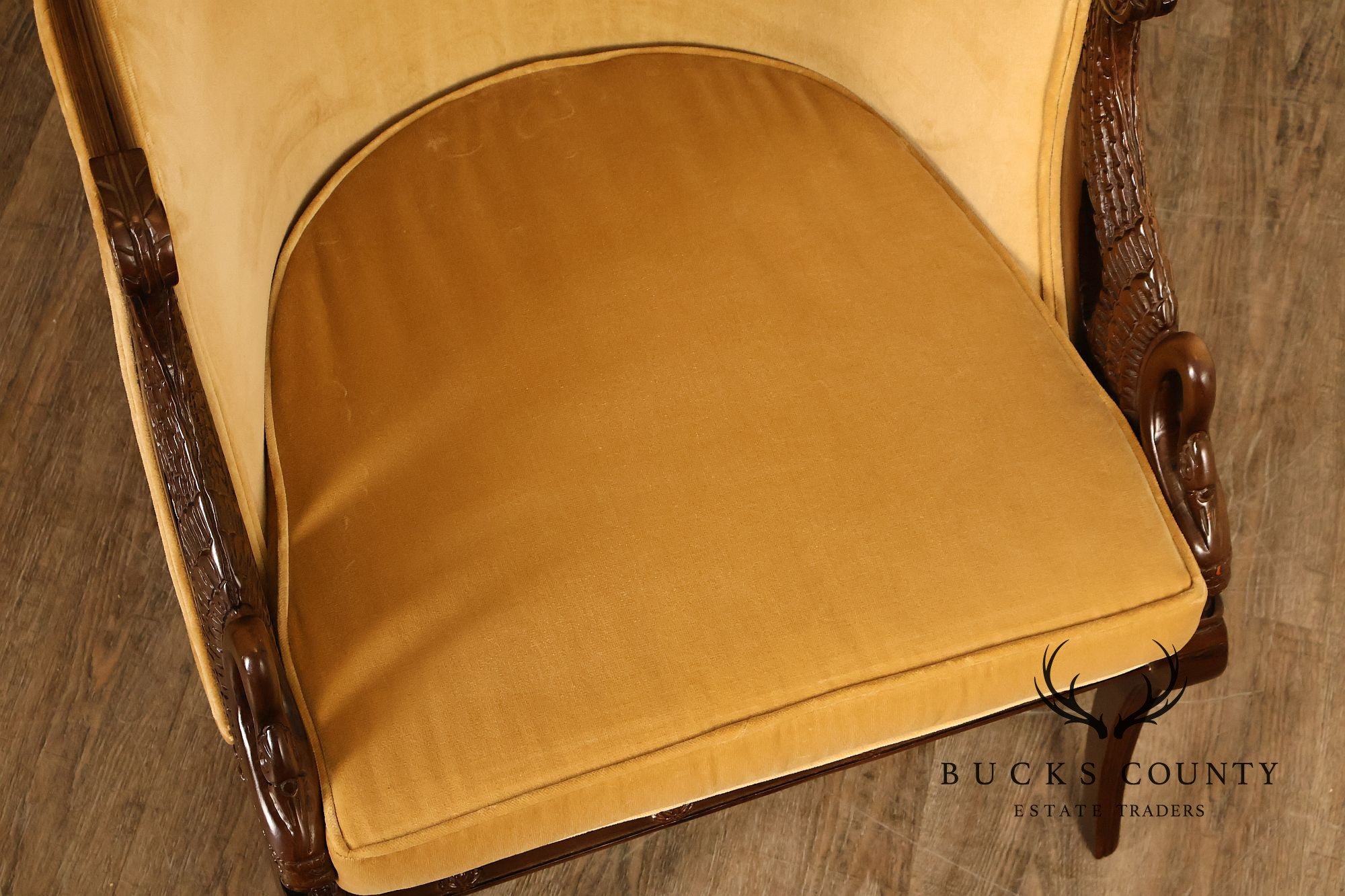 Pair Of French Empire Style Carved Mahogany Swan Motif Barrel Back Club Chairs In Gold Velvet