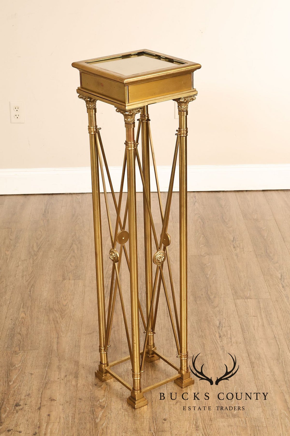Vintage Neoclassical Style Heavy Brass Pedestal Plant Stand With Lion Medallions