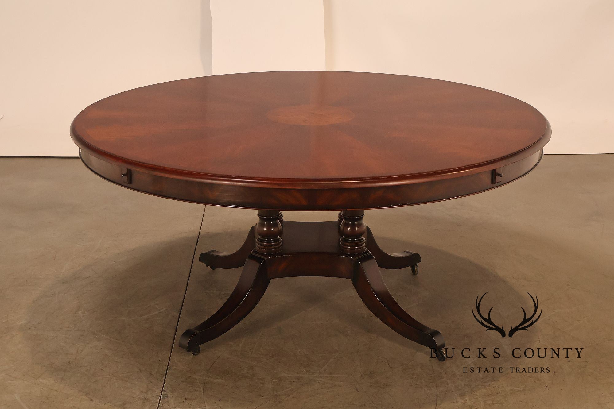 Theodore Alexander Regency Style Mahogany Round Dining Table With Expandable 4 Leaves