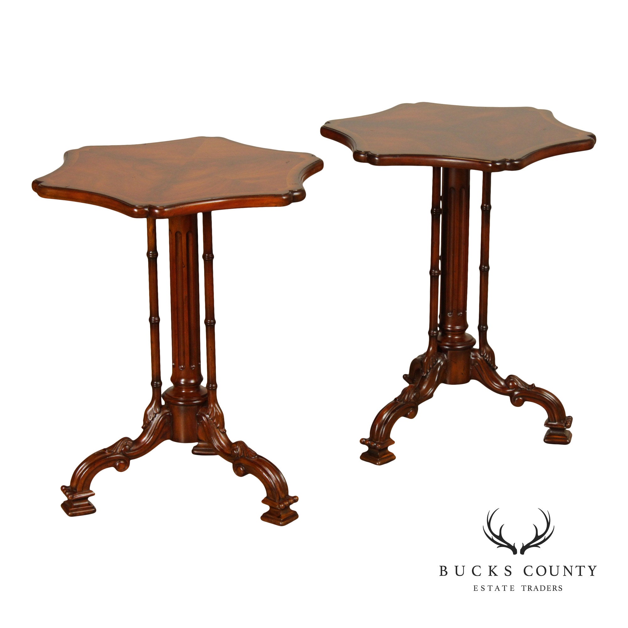 Maitland Smith Pair of Flame Mahogany Pedestal Side Tables