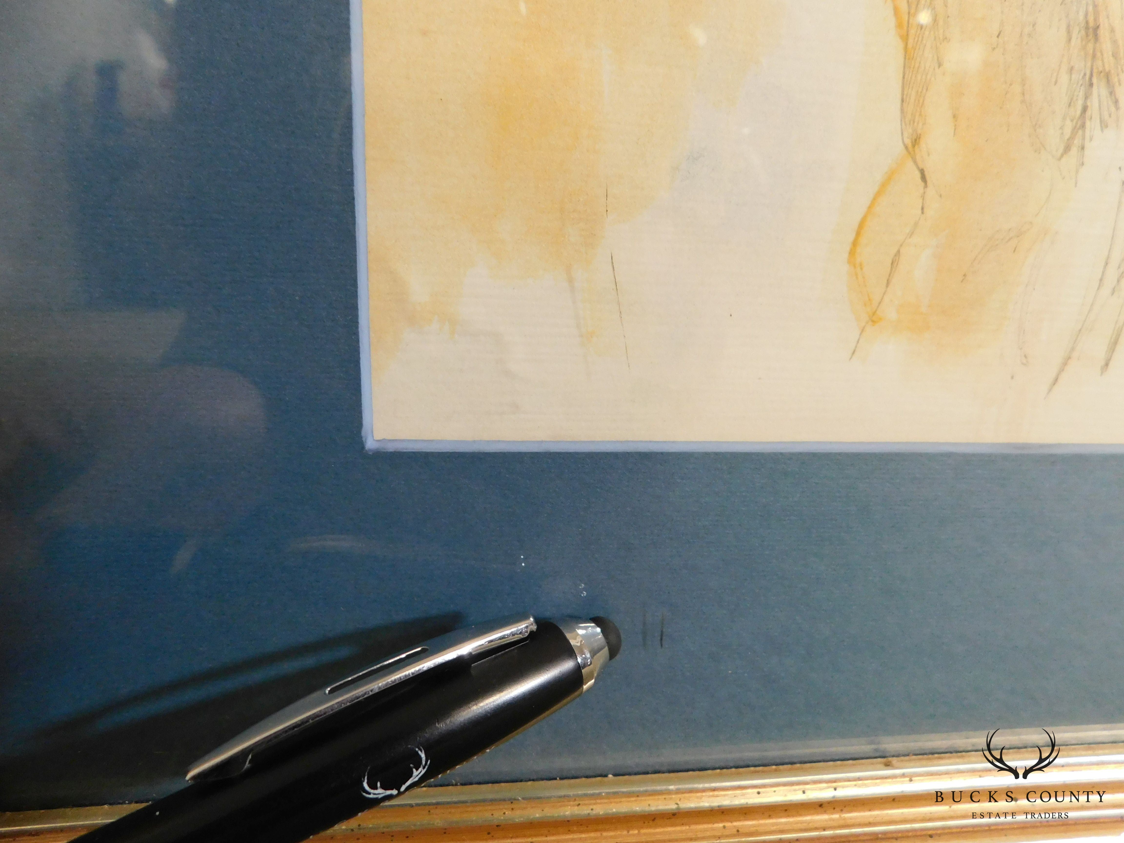 Blue Matted Portrait Sketch w/ Watercolor