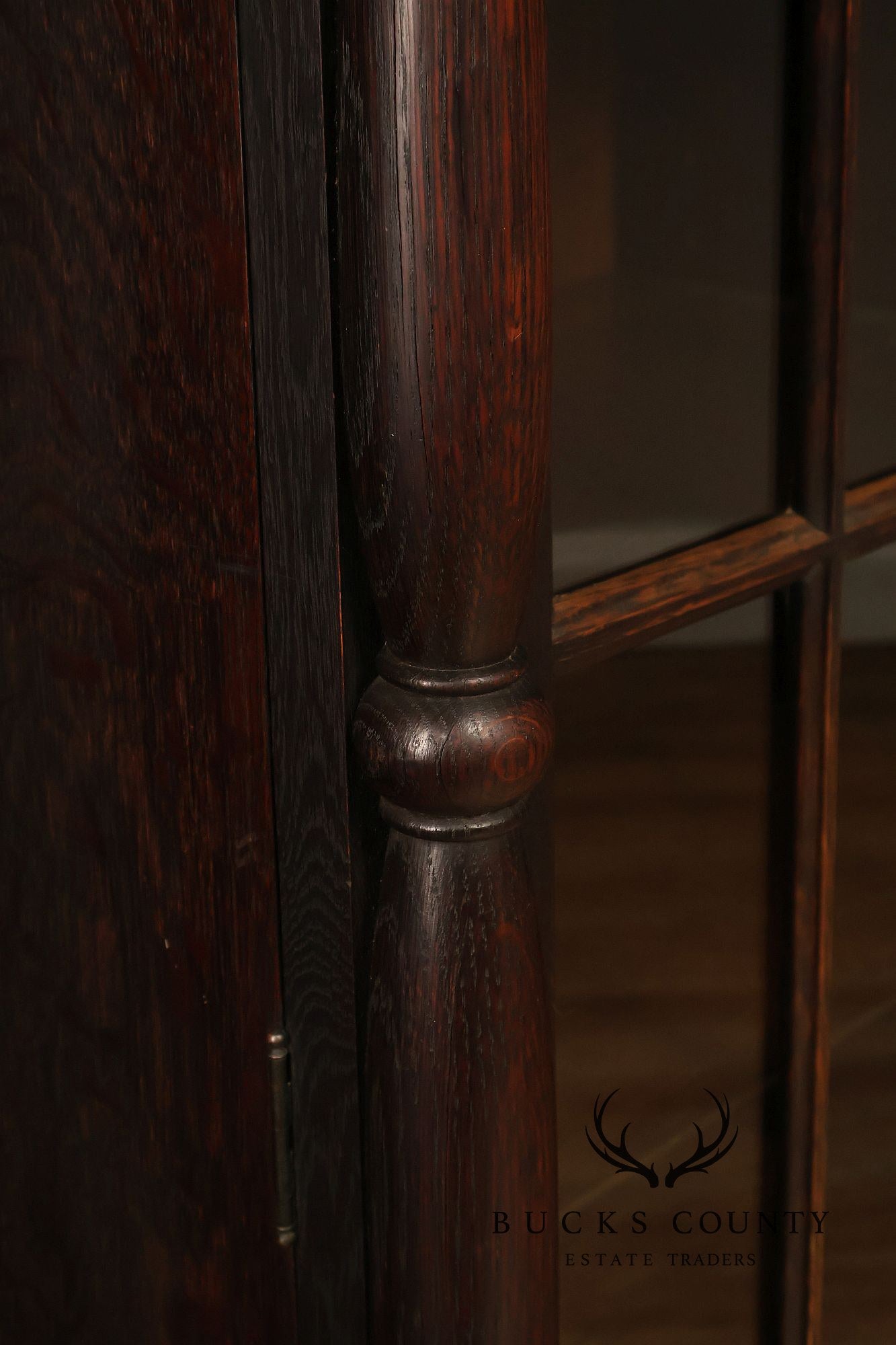 Antique Carved Oak Glass Door Triple Bookcase