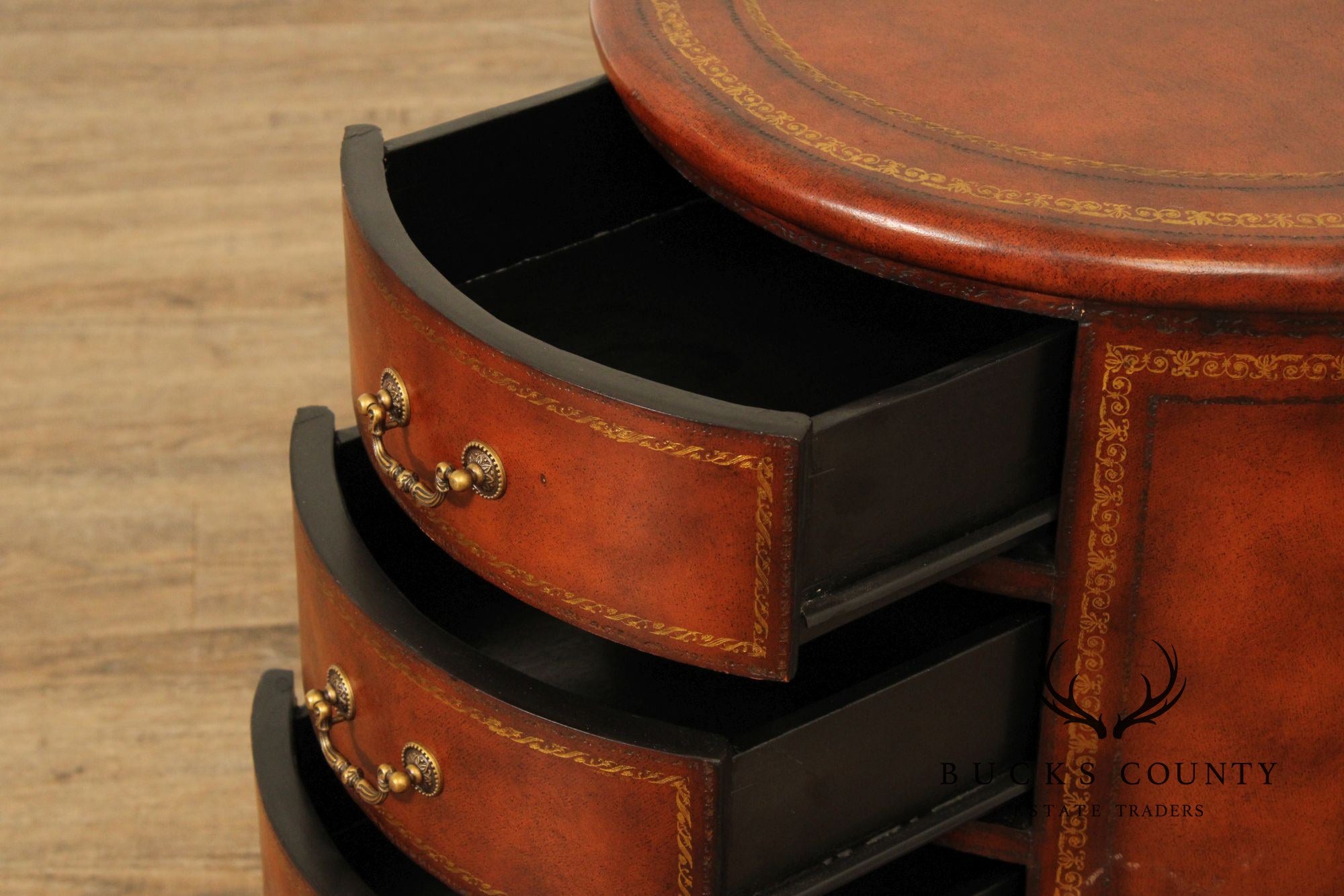 Regency Style Leather Wrapped Drum Table