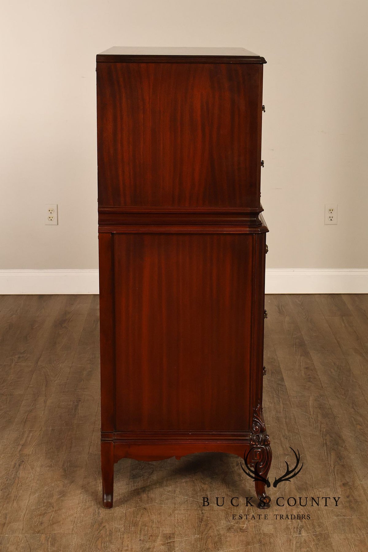 1940’s Flame Mahogany Carved Tall Chest