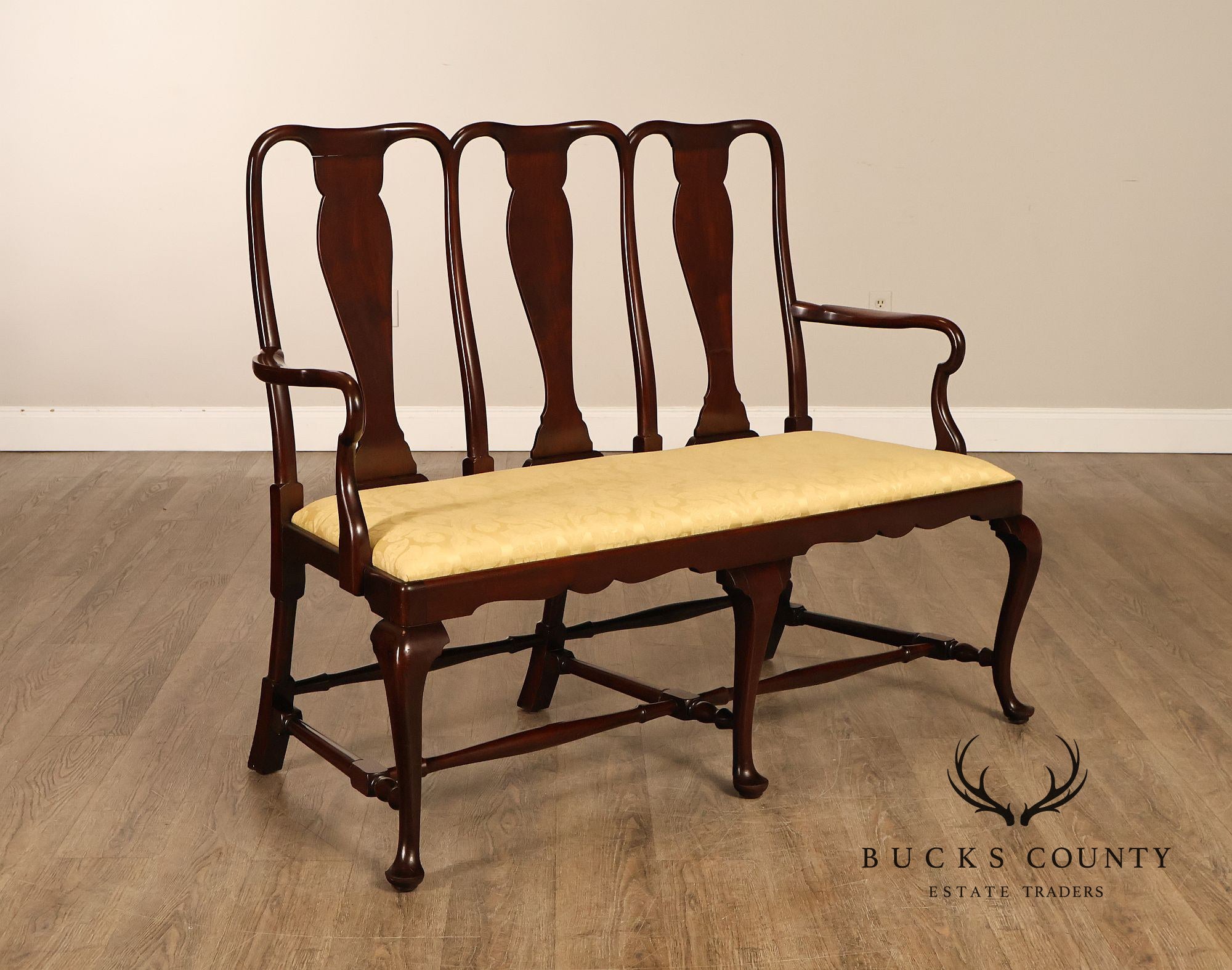 Queen Anne Style Custom Mahogany Triple Back Upholstered Settee