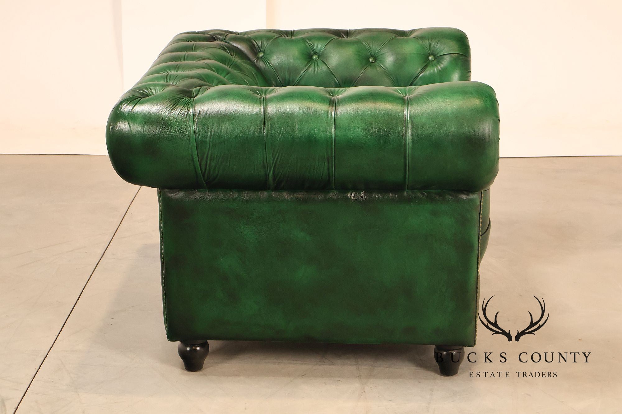 Chesterfield Style Pair of Green Leather Club Chairs