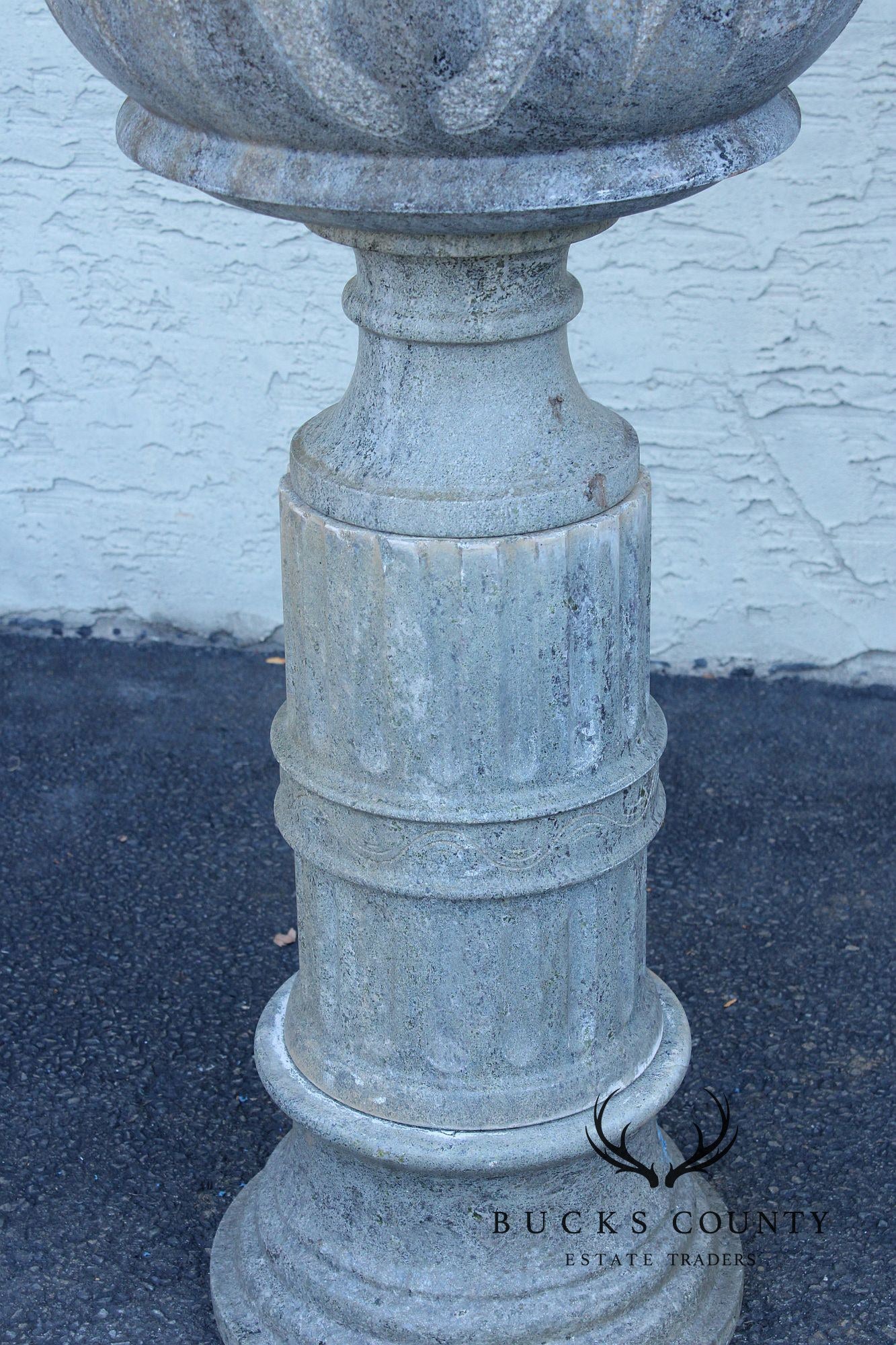Vintage Pair Of Carved Granite Three Piece Garden Urns On Pedestals