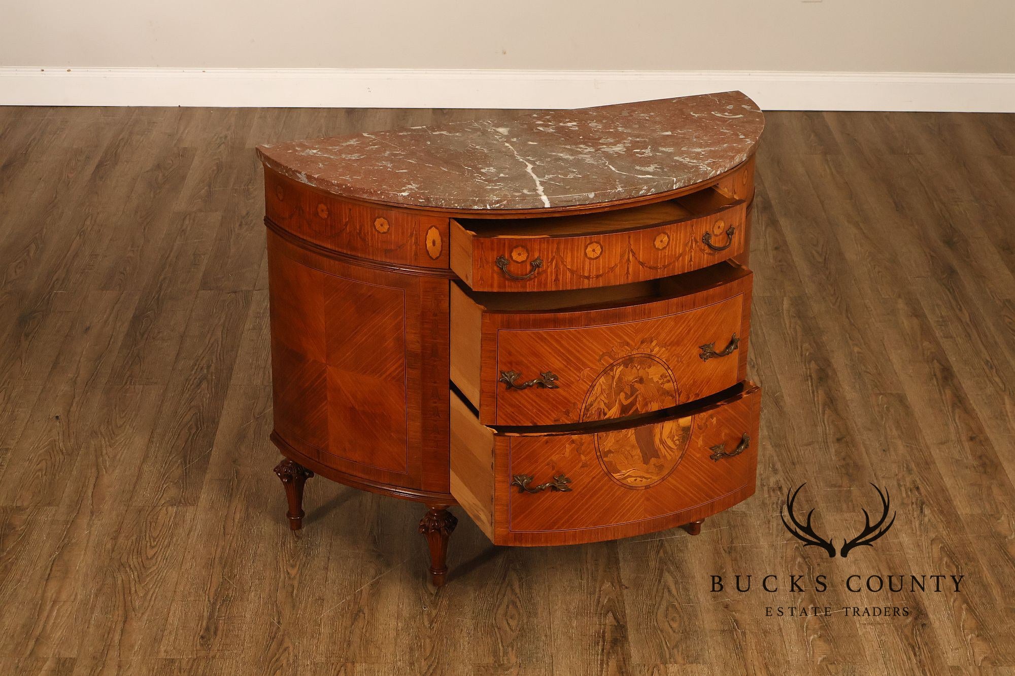 Antique French Louis XVI Neoclassical Inlaid Demilune Marble Top Commode