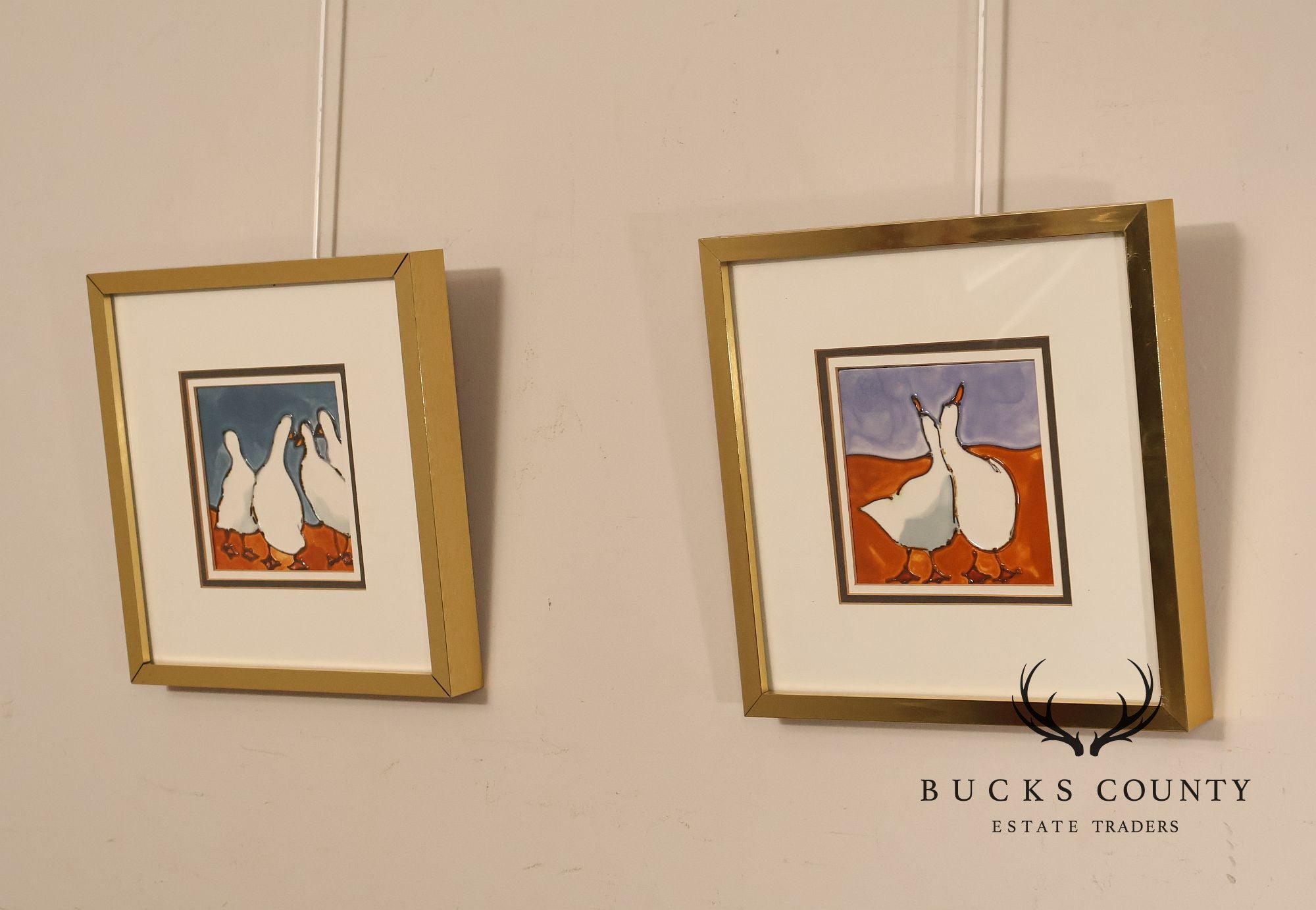 Pair of Harris G. Strong Framed Duck Ceramic Tile Matted Art