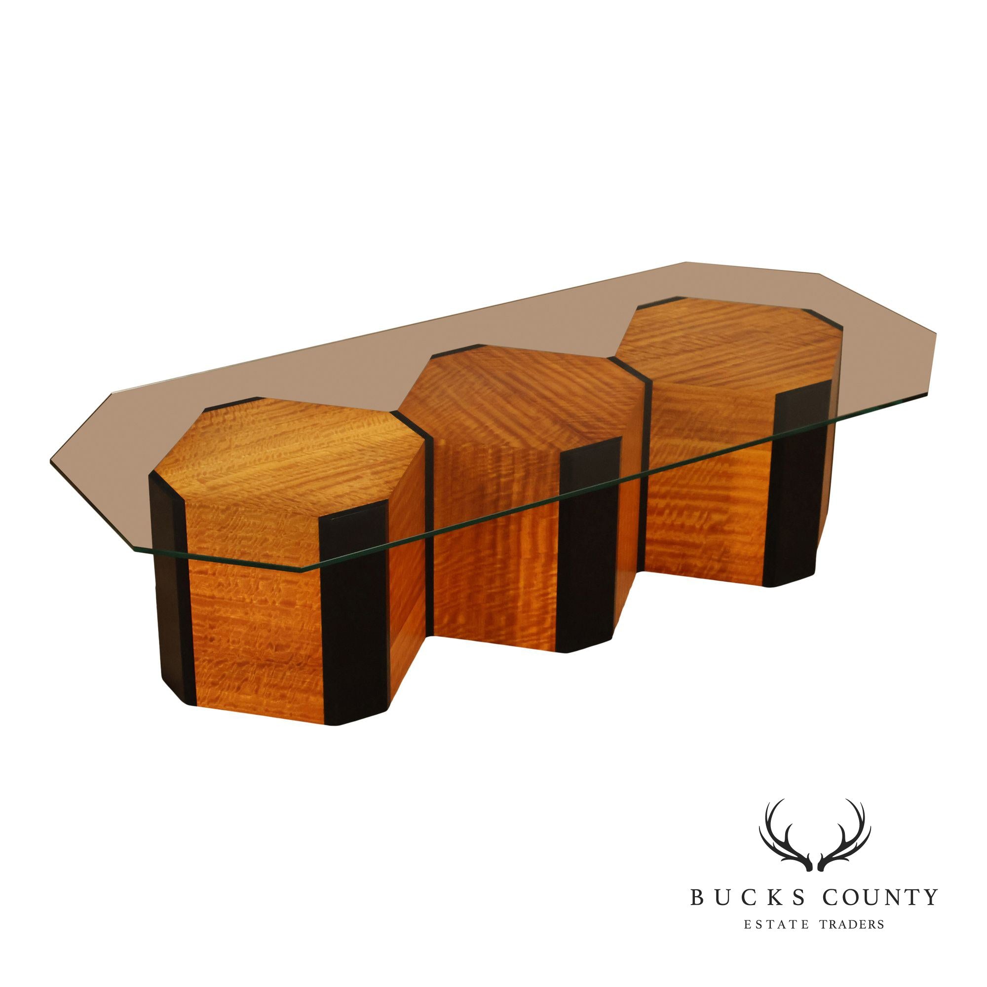 Honeycomb Style Glass Top Coffee Table With Figured Wood Base