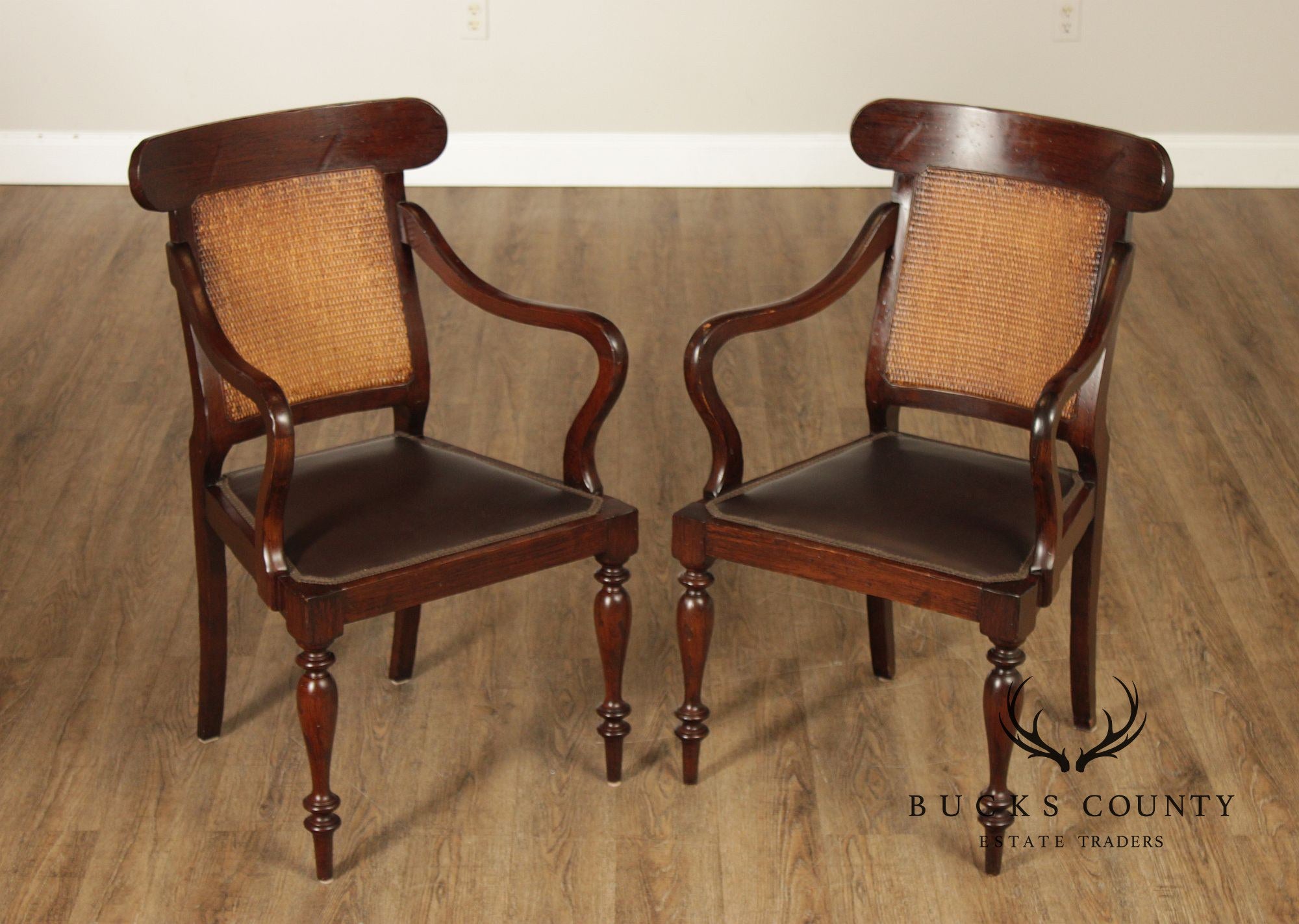 Vintage Anglo-Indian Style Pair of Caned Back Leather Seat Armchairs