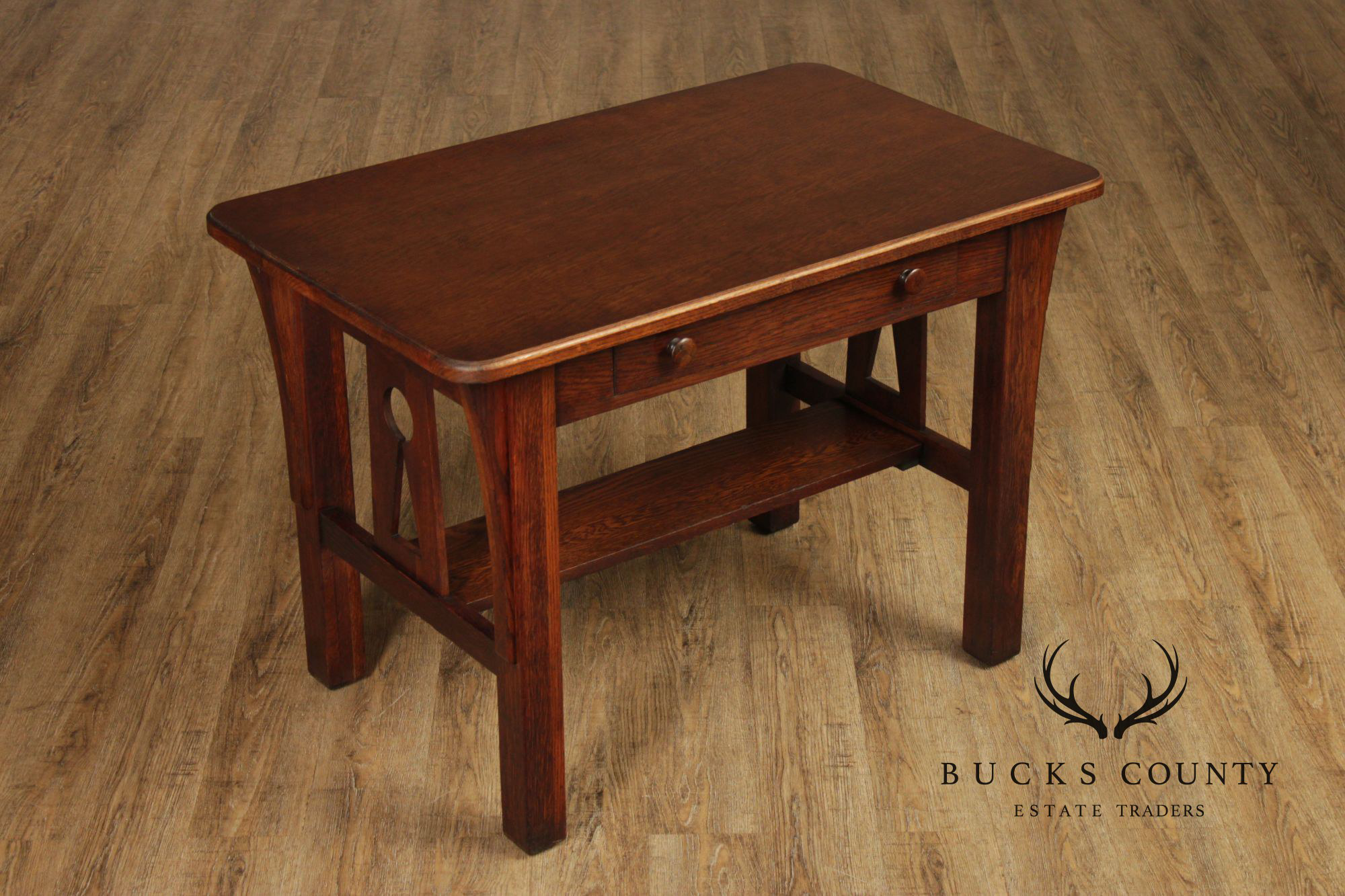 Antique Mission Oak Arts & Crafts Writing Desk With Drawer And Cutout Sides