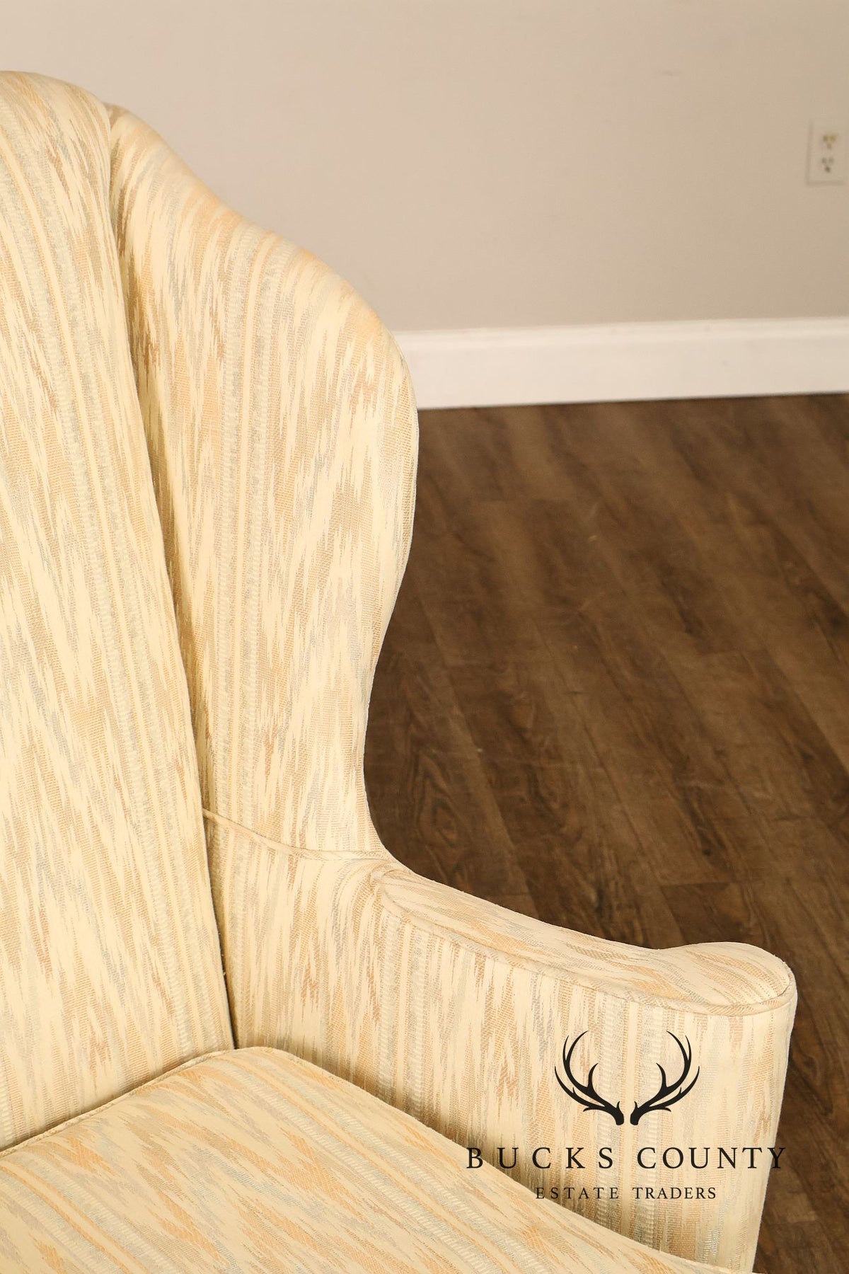 Traditional Upholstered Pair Of Wingback Armchairs With Carved Cabriole Legs