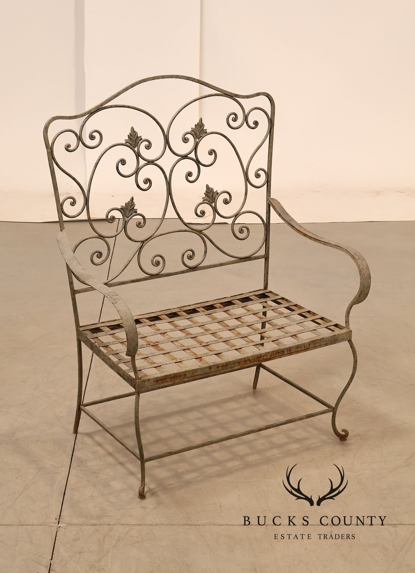 Vintage Wrought Iron Garden Bench With Scrollwork Back