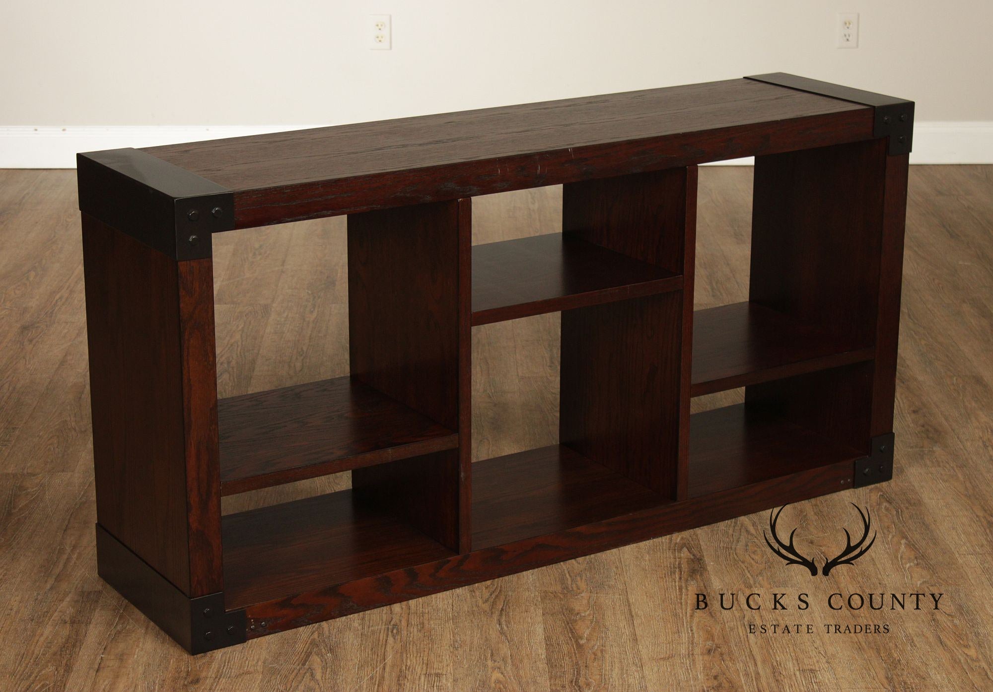 Contemporary Pair Of Open Display Bookcases In Dark Wood