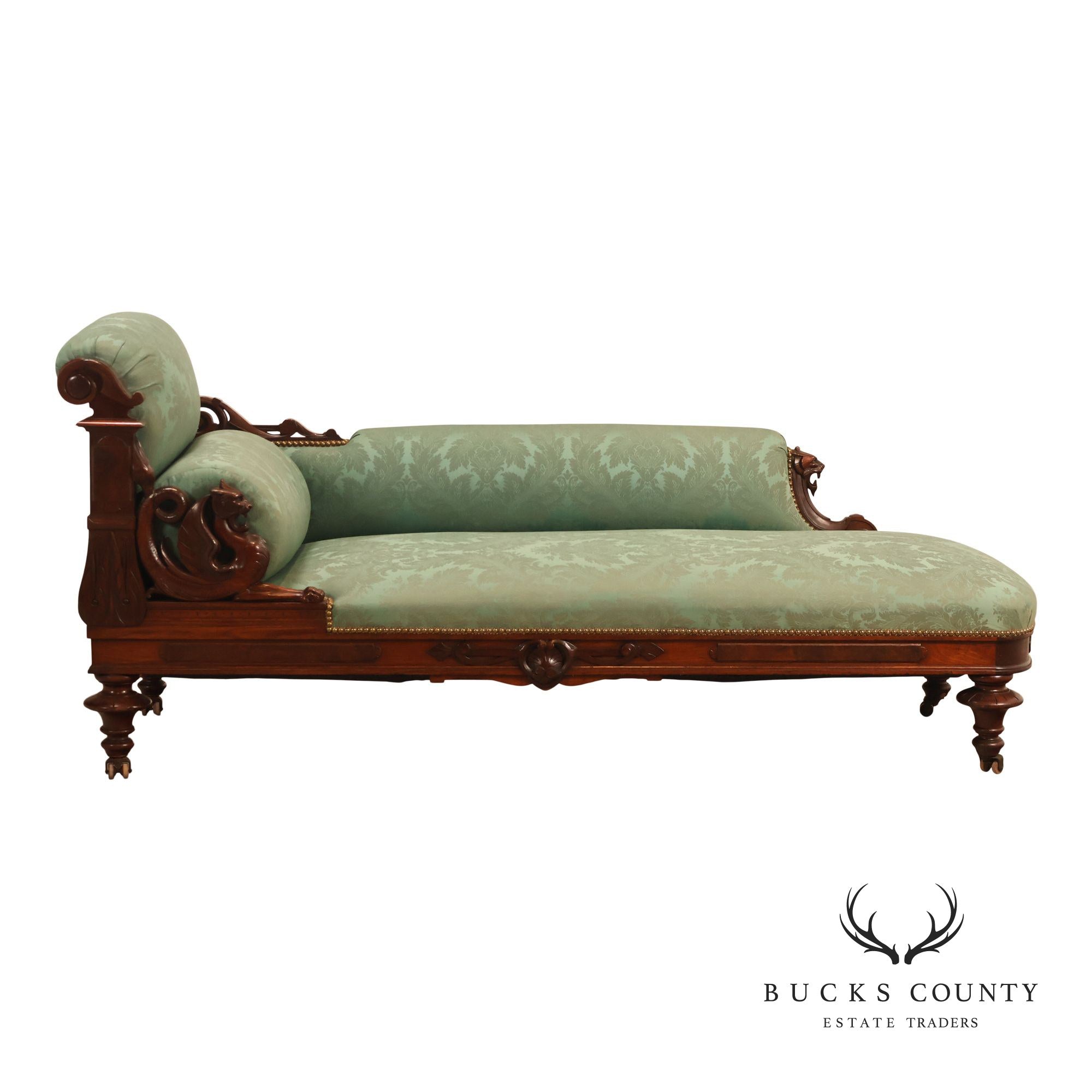 Antique American Renaissance Revival Style Carved Walnut Recamier Chaise Lounge