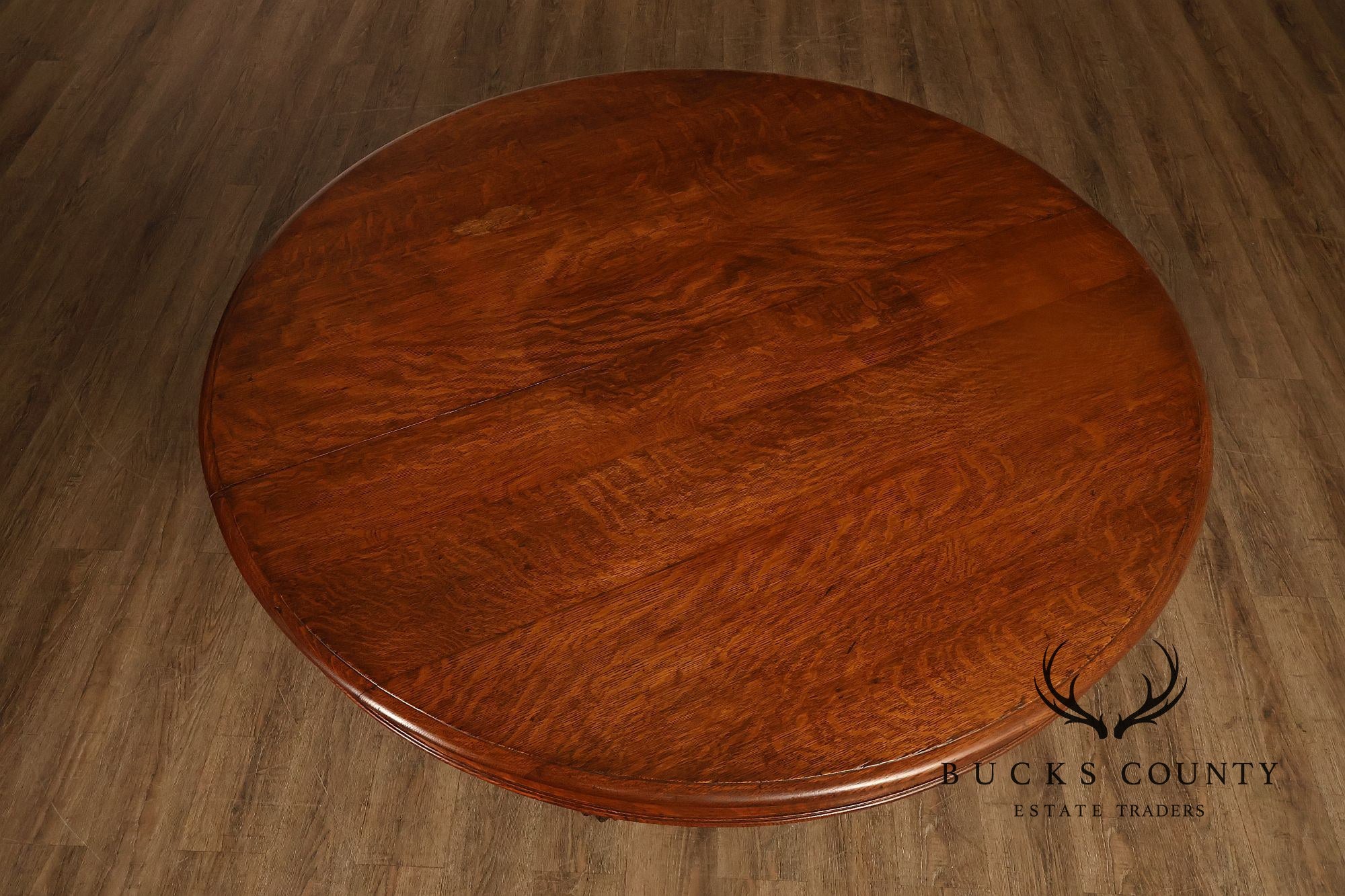 Antique 57 inch Round Oak Pedestal Dining Table With Carved Claw Feet