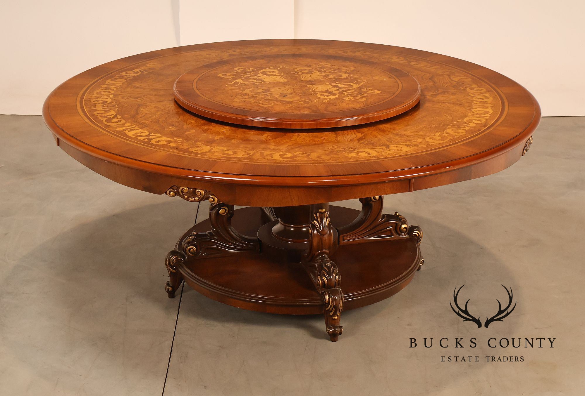 Italian 72" Round Inlaid Burl Wood Dining Table With Lazy Susan