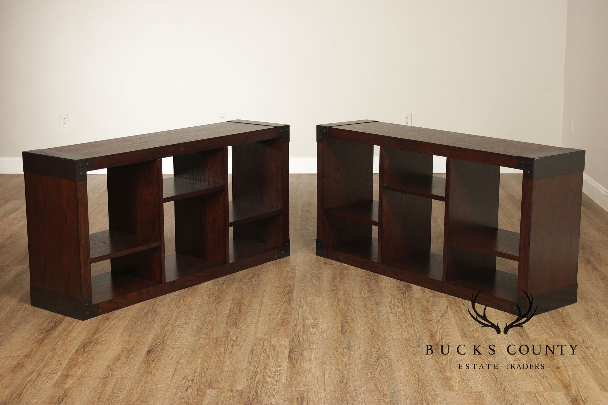 Contemporary Pair Of Open Display Bookcases In Dark Wood