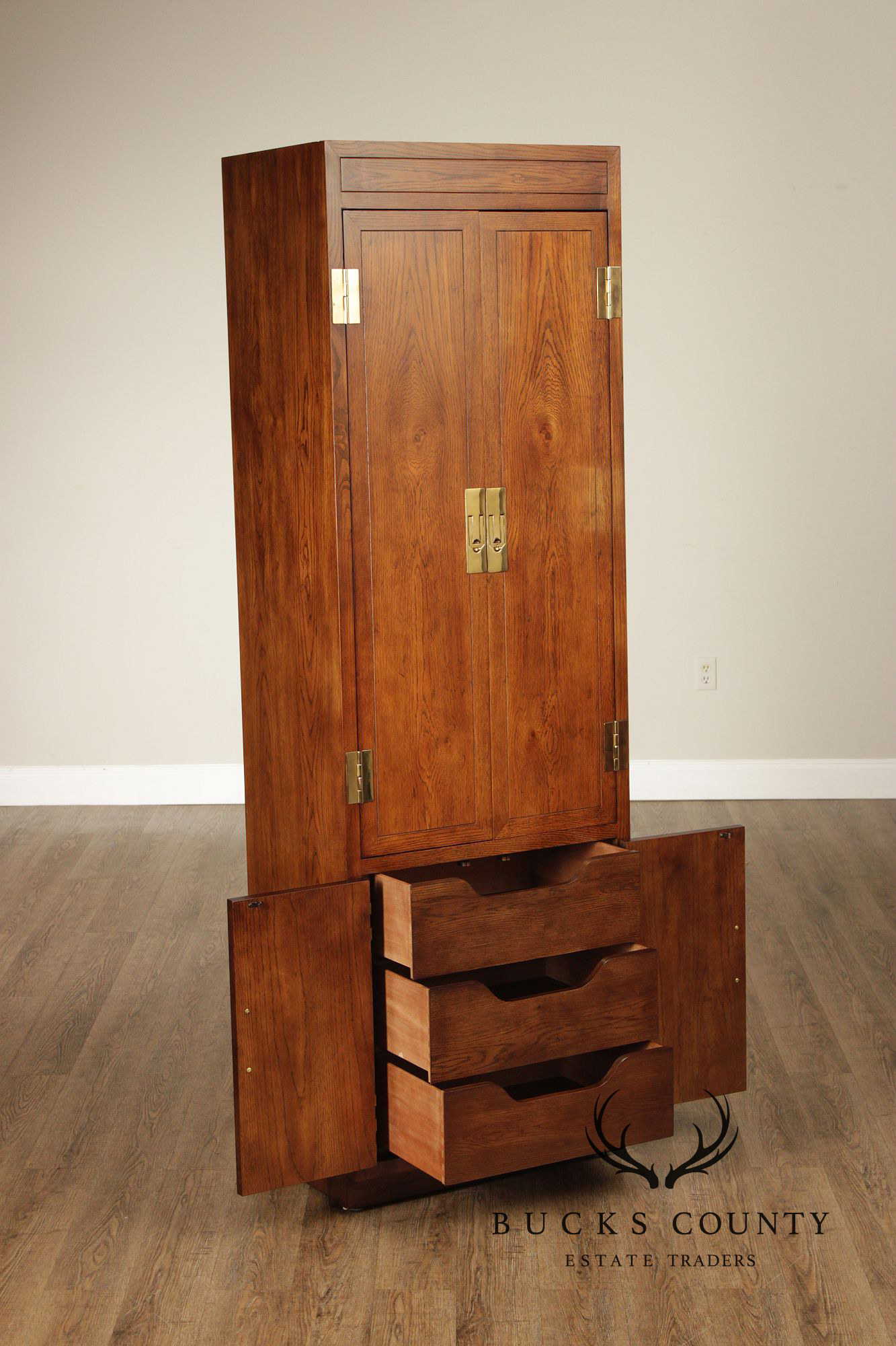 Henredon 'Scene One' Pair of Campaign Style Bedroom Armoire Cabinets