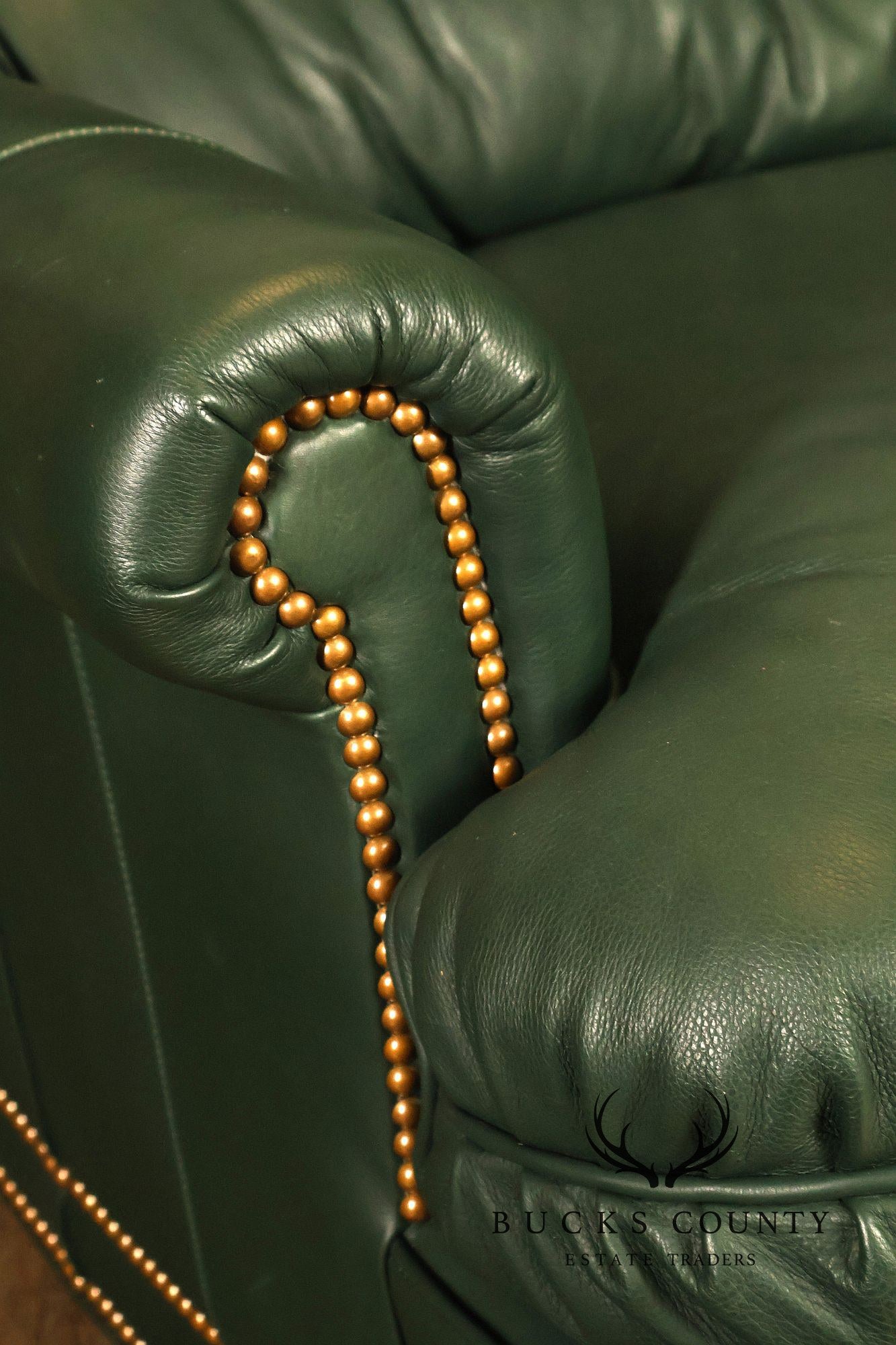 Hancock & Moore Green Leather Nailhead Trim Sofa