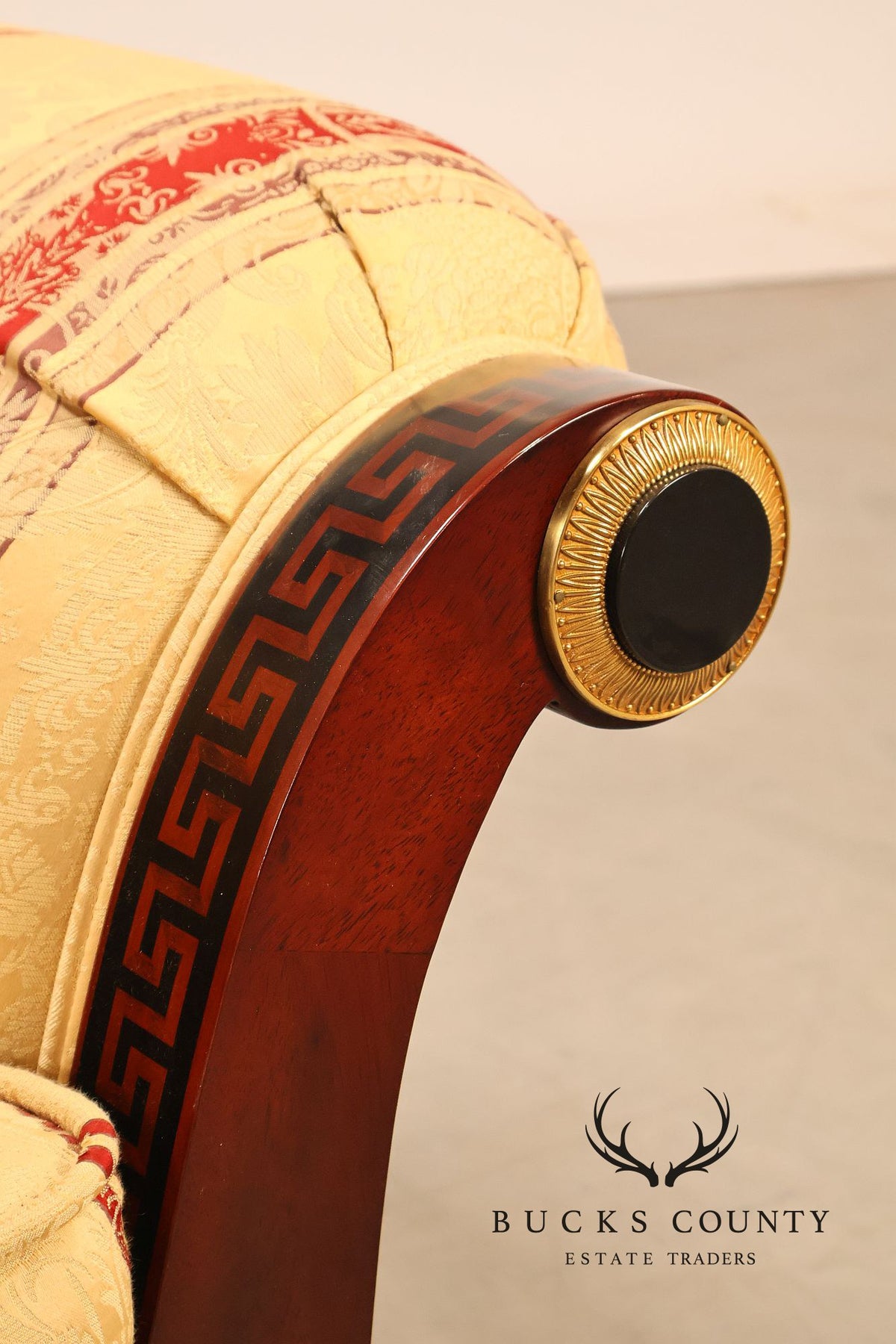 Empire Neoclassical Style Mahogany Upholstered Armchair With Gilt Bronze Accents
