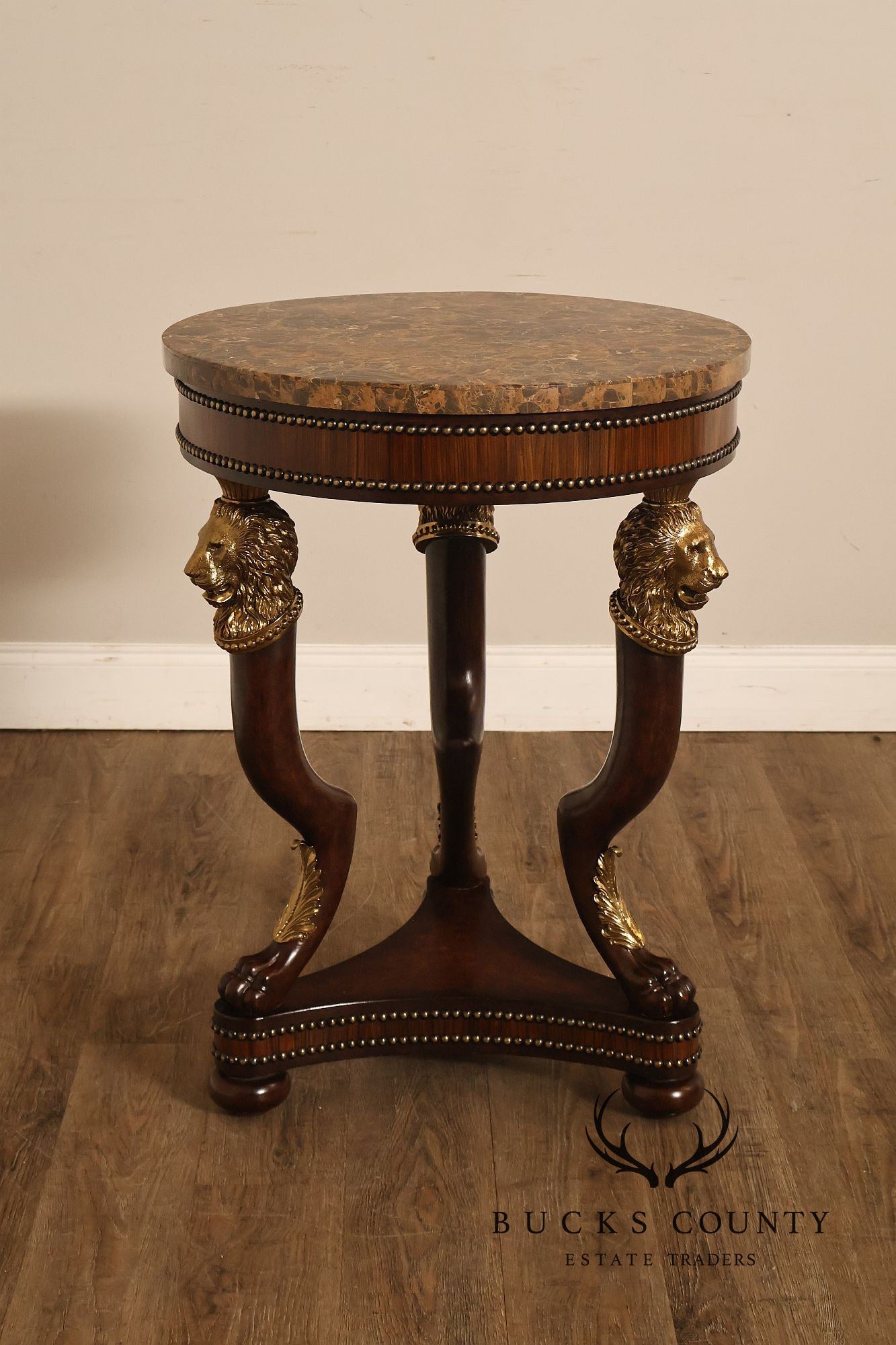 Maitland Smith Empire Style Round Marble Top Mahogany Lamp Table
