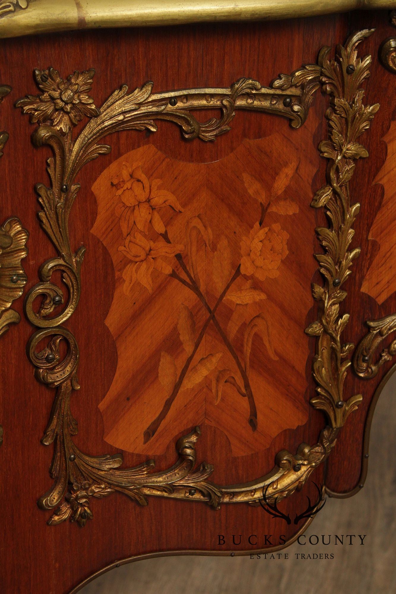 French Louis XV Style Marquetry Inlaid Bronze Mounted Knee Hole Desk