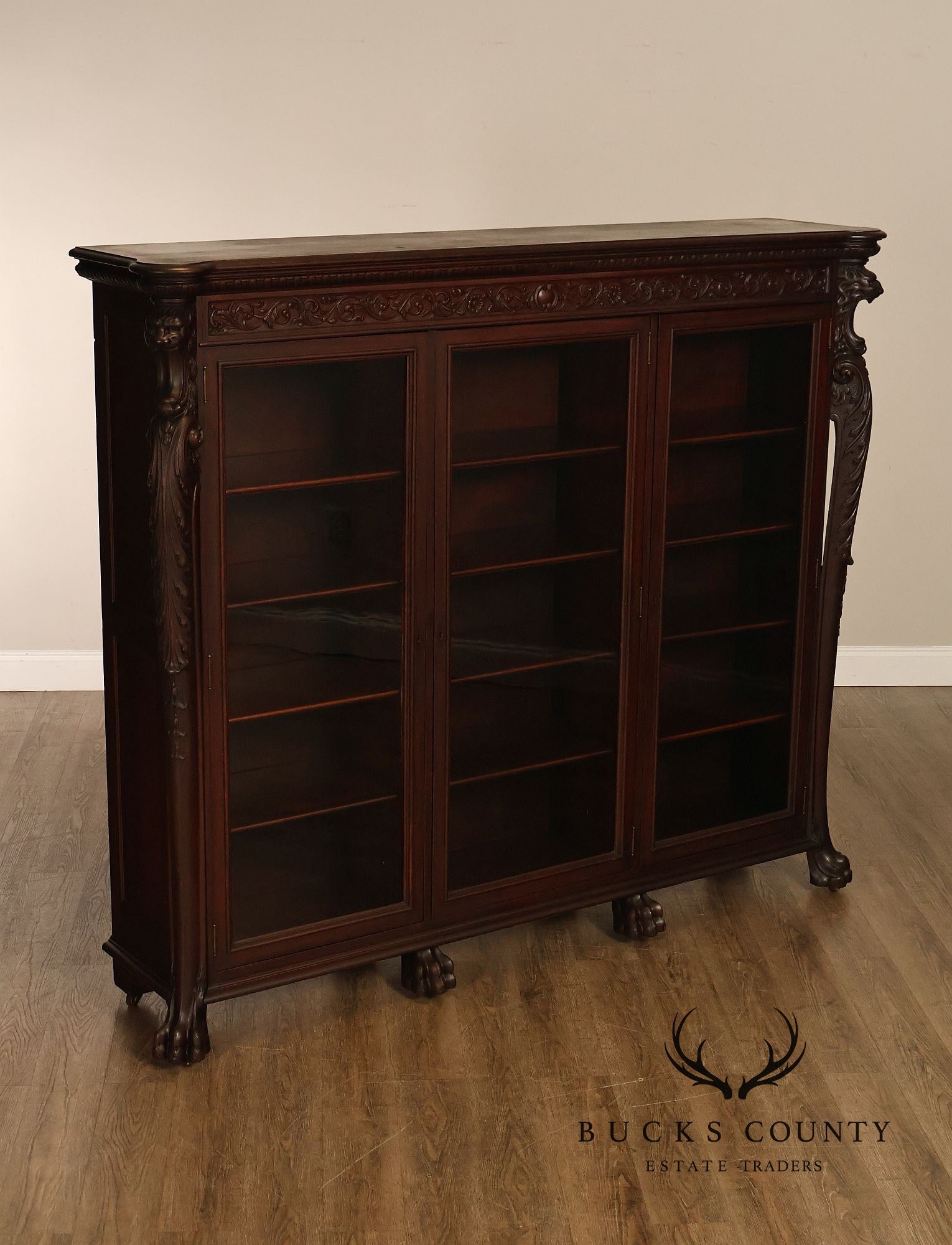 Antique R.J. Horner Lion Carved Mahogany Three-Door Bookcase