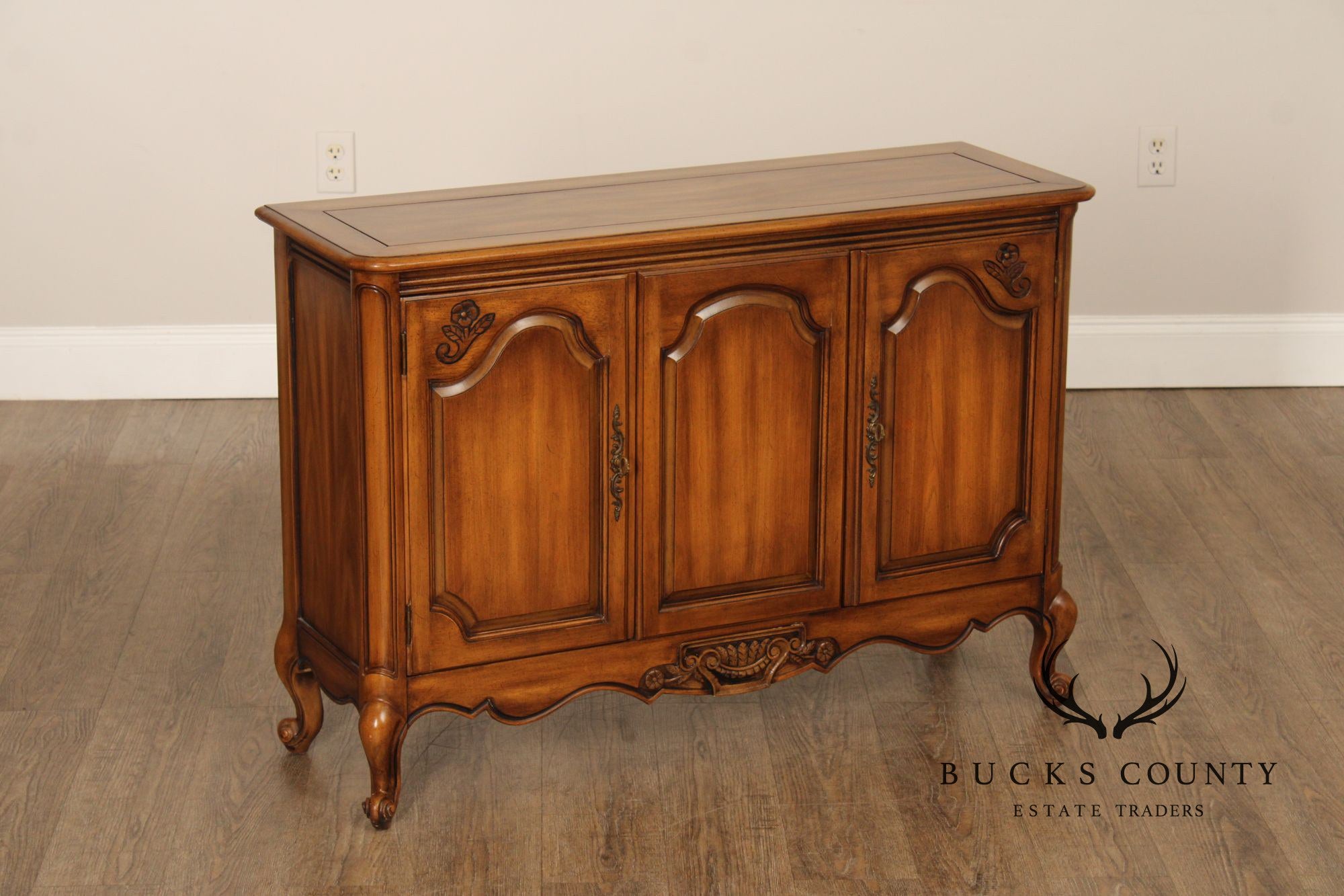 French Provincial Style Vintage Narrow Walnut Console Cabinet