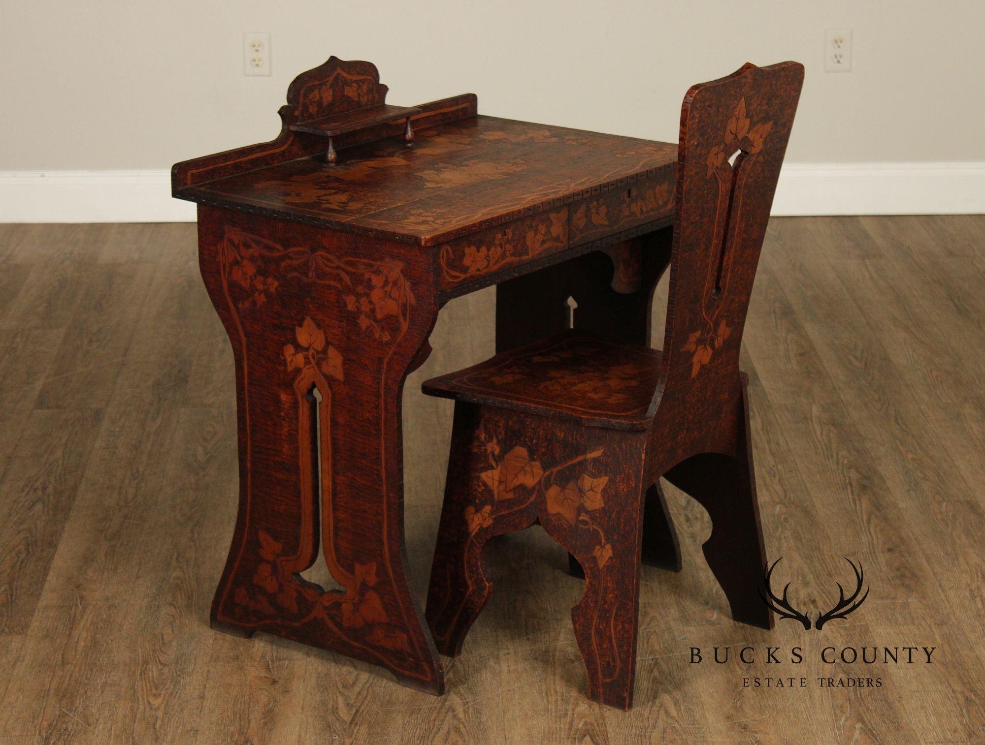Antique Art Nouveau Style Carved And Pyrography Writing Desk And Chair Set