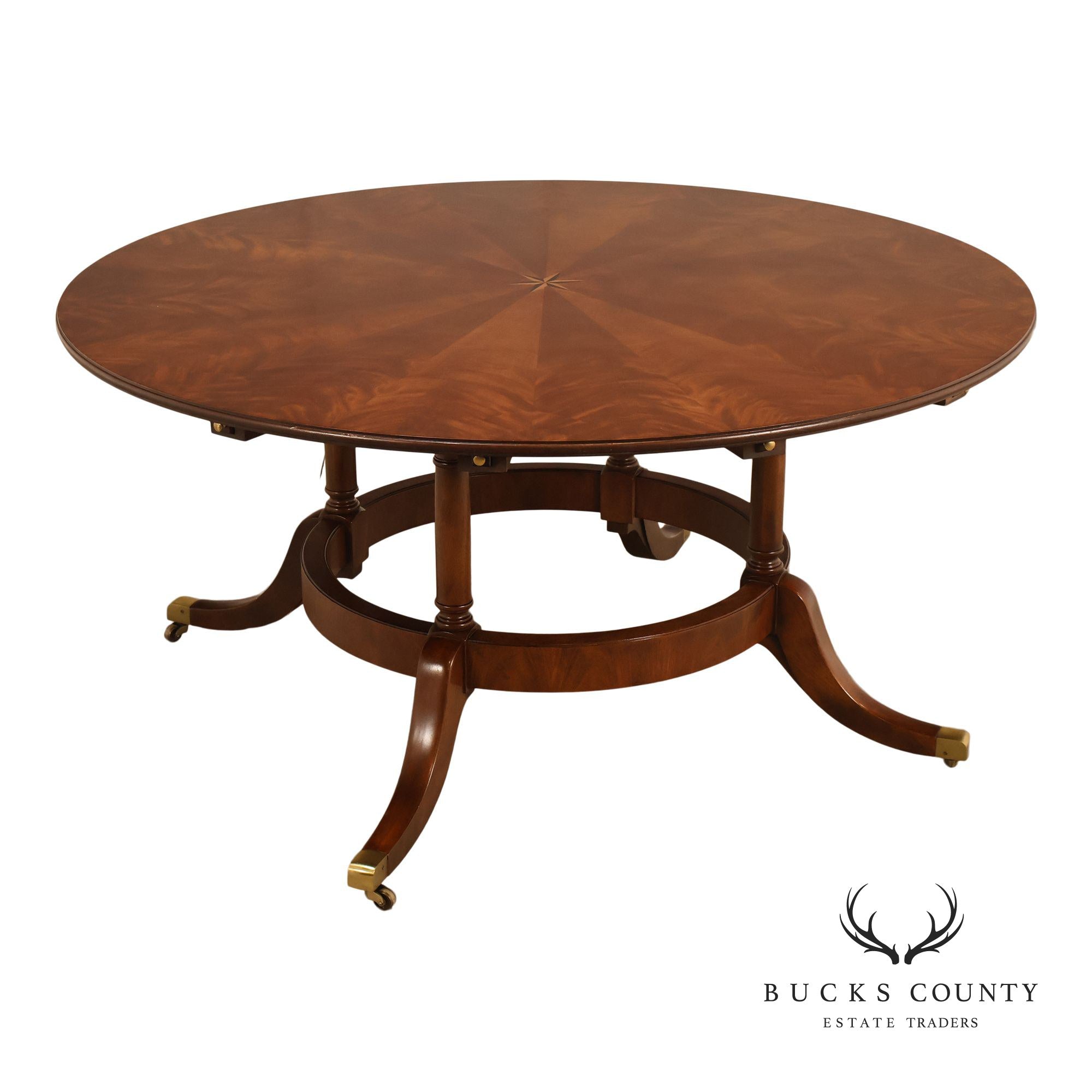 E.J. Victor Regency Style Round Inlaid Mahogany Pedestal Dining Table