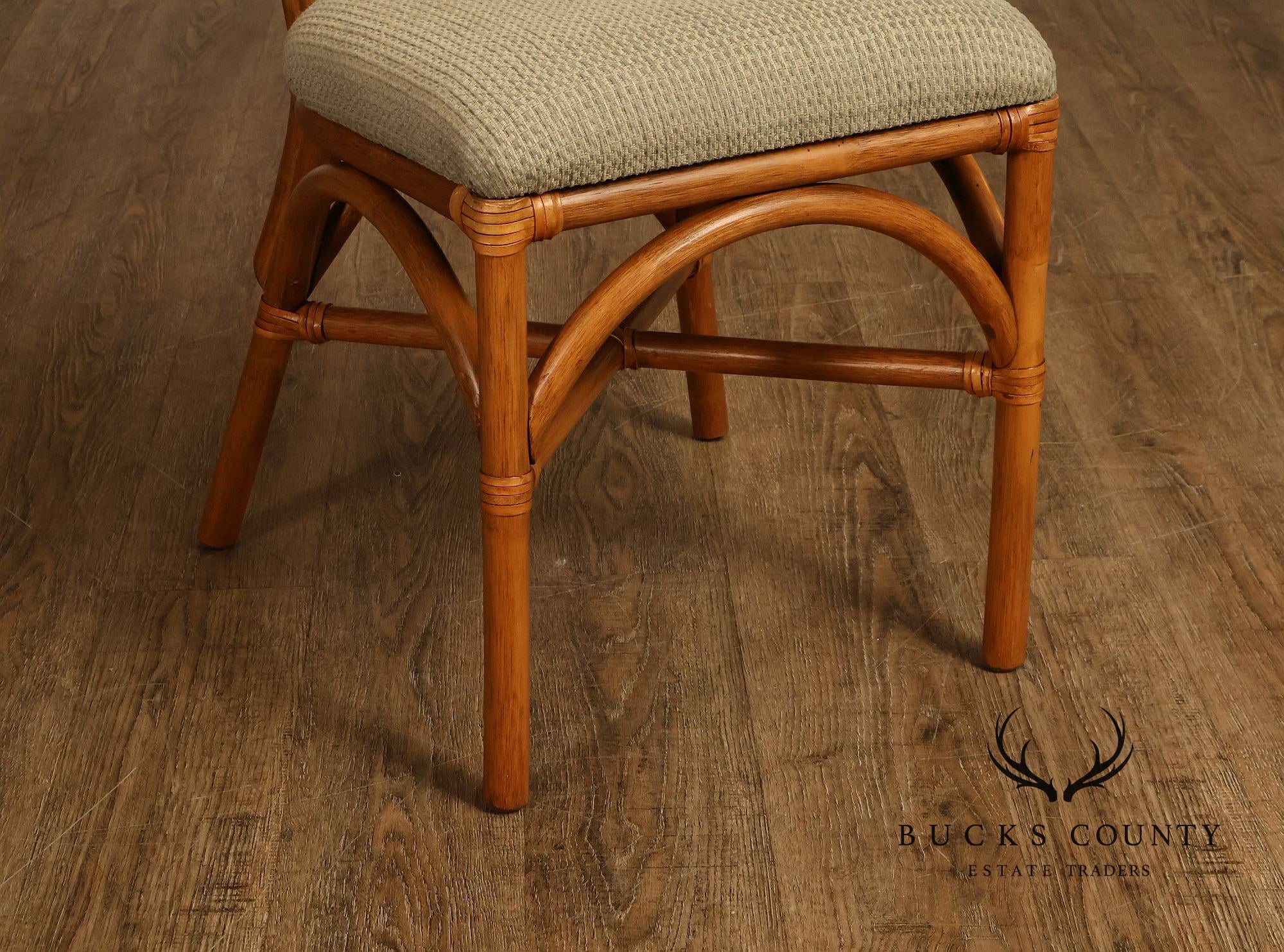 Coastal Style Pair Of Rattan Dining Chairs With Upholstered Seats