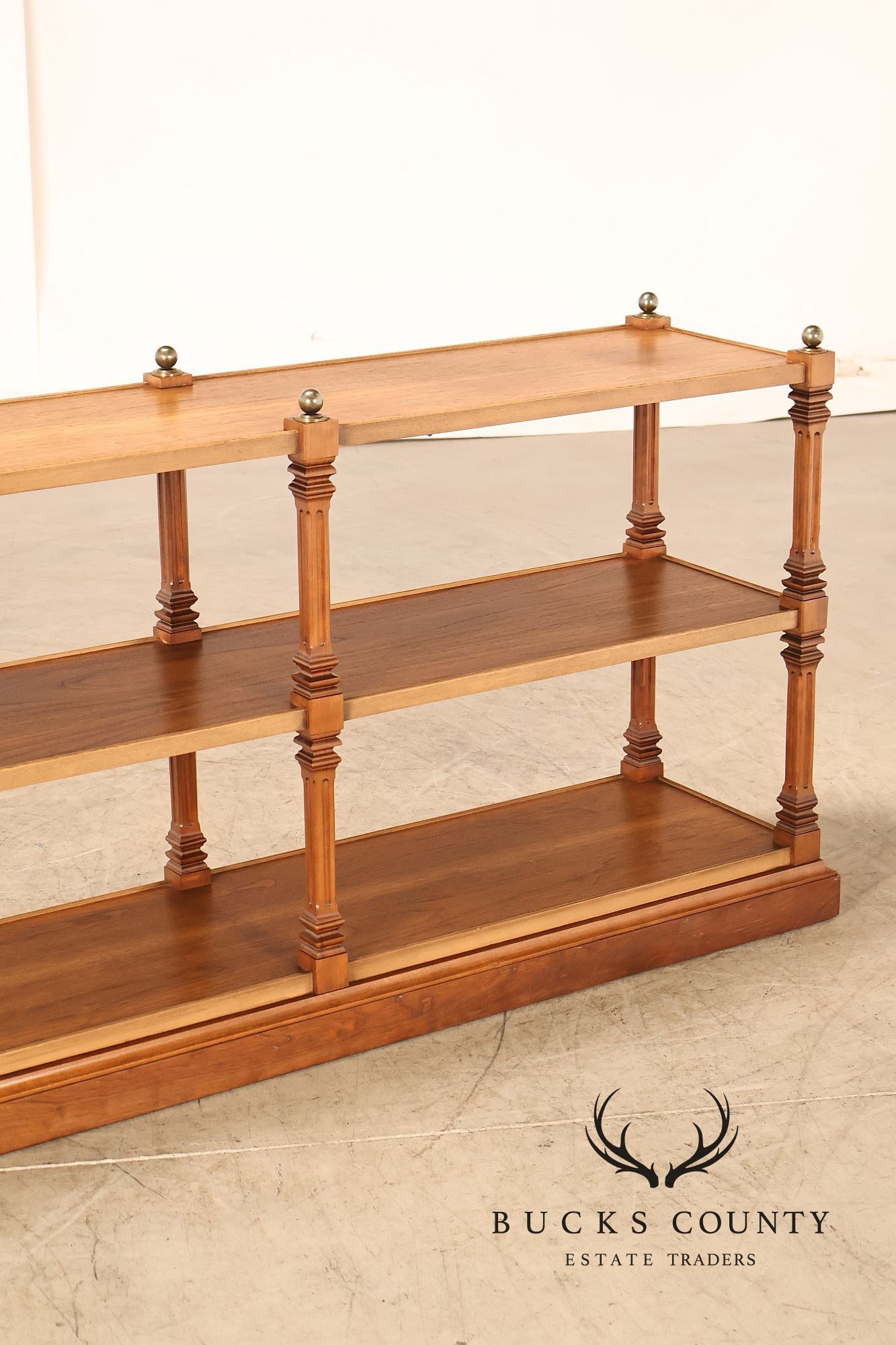 Brandt Furniture Regency Style Walnut Three-Tier Open Etagere Bookcase With Brass Ball Finials