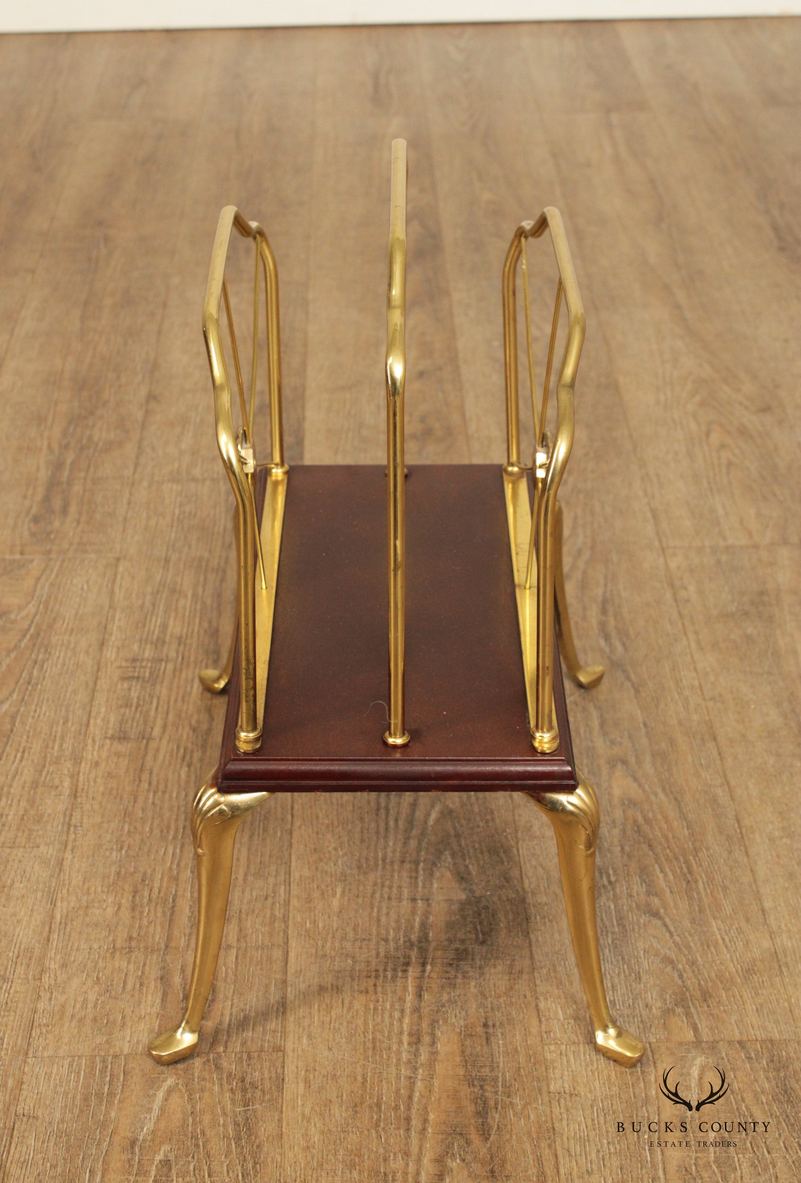 Decorative Crafts Inc. Regency Style Pair of Brass and Cherry Magazine Racks
