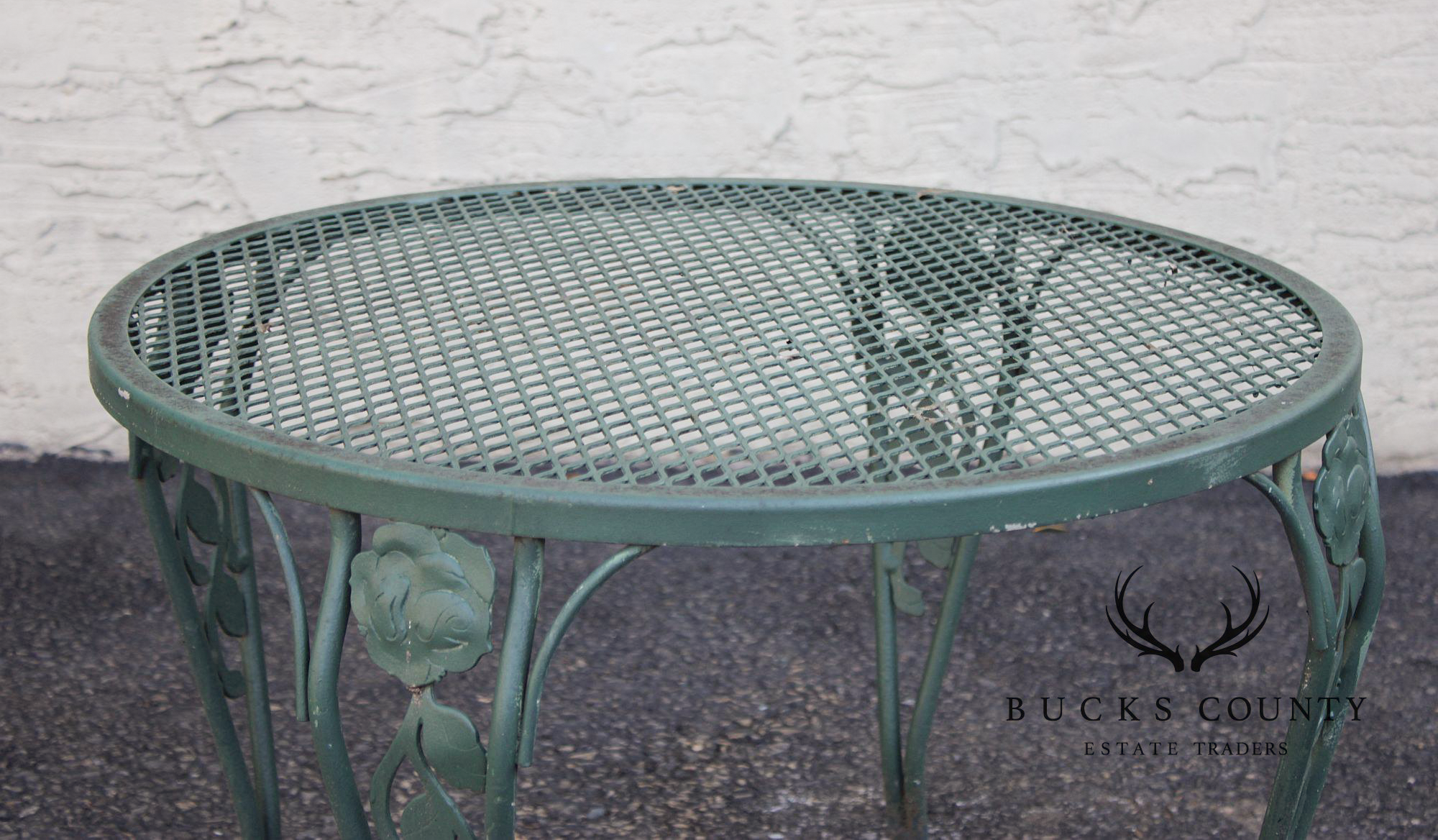 Wrought Iron Outdoor Round Mesh Top Patio Table With Floral Motif