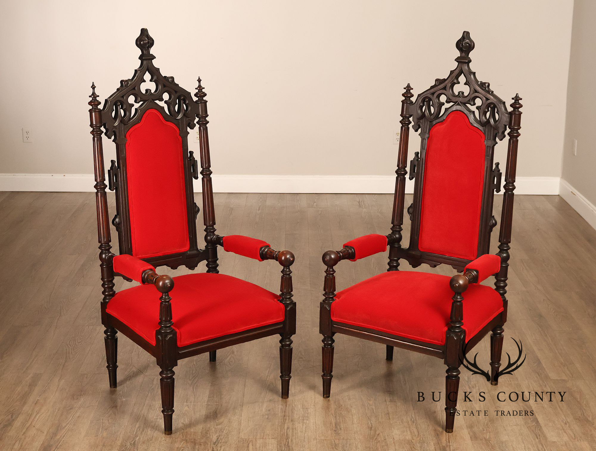 Gothic Revival Walnut Carved Wood Throne Pair Of Armchairs