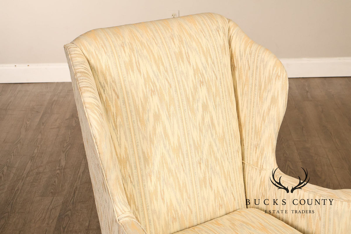 Traditional Upholstered Pair Of Wingback Armchairs With Carved Cabriole Legs