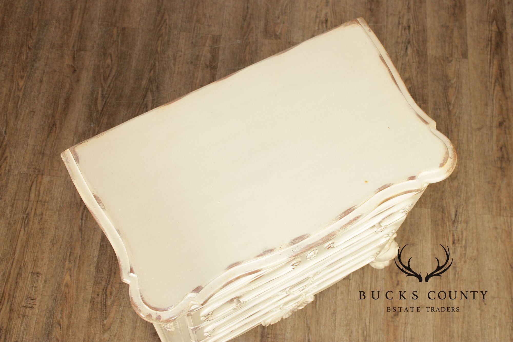 Lane French Provincial Style Pair of Distressed Cream Painted Nightstands