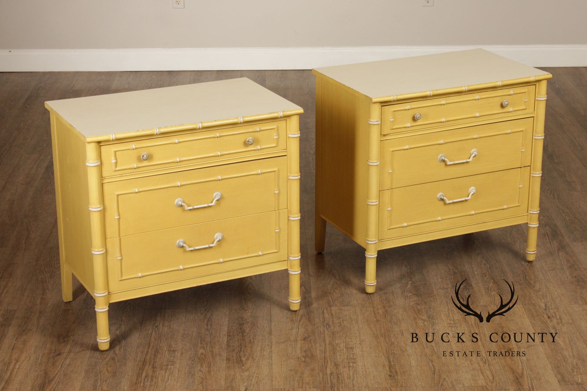 Thomasville Vintage Faux Bamboo Pair of Painted Chest Nightstands