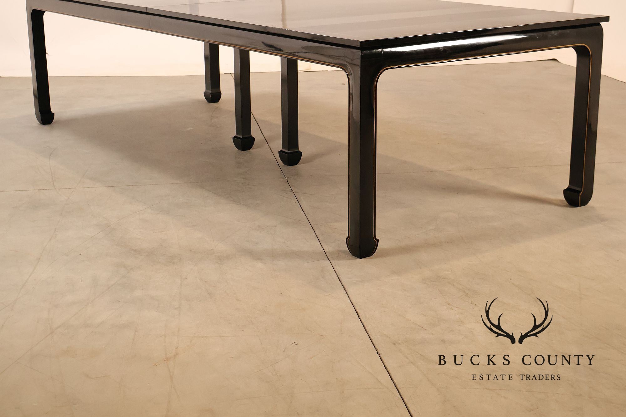 Custom Black Lacquered 12 Foot Extendable Dining Table With Gold Line Inlay