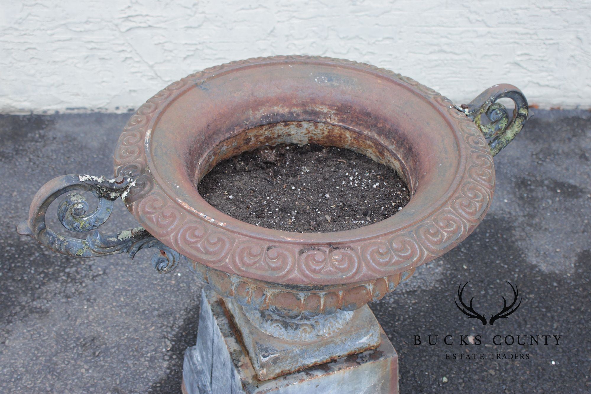 Vintage Cast Iron Neoclassical Garden Urn On Pedestal