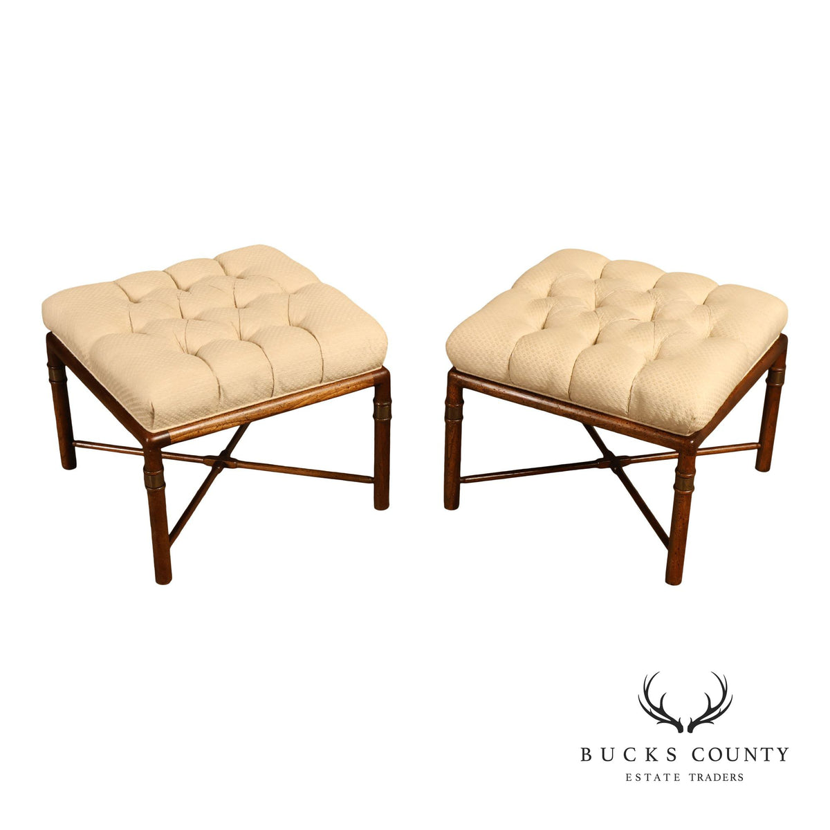 Mid Century Modern Pair of Upholstered Walnut Benches